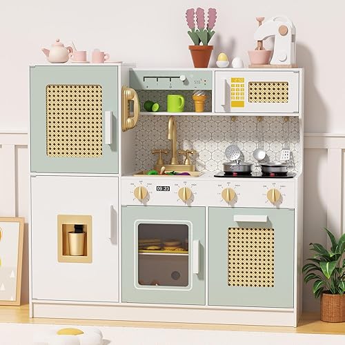 Babytronic Juego de cocina de madera para niños, cocina de juego de simulación rosa con luces y sonidos, juguete de cocina de estilo retro para