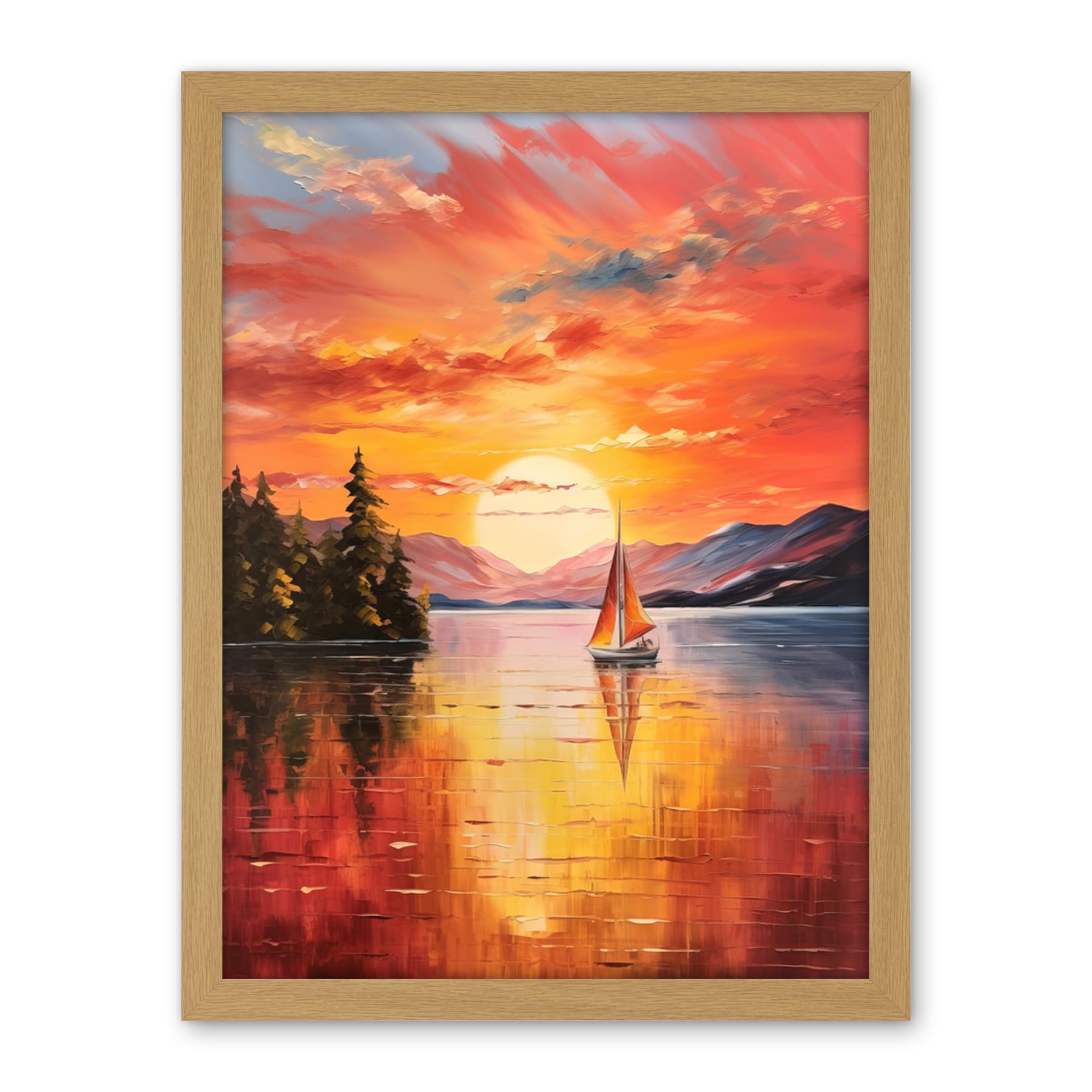Artery8 Serene Lake Sunset Sailing Vibrant Oil Painting Sail Boat Lakeside Mountain Landscape Artwork Framed Wall Art Print 18X24 Inch