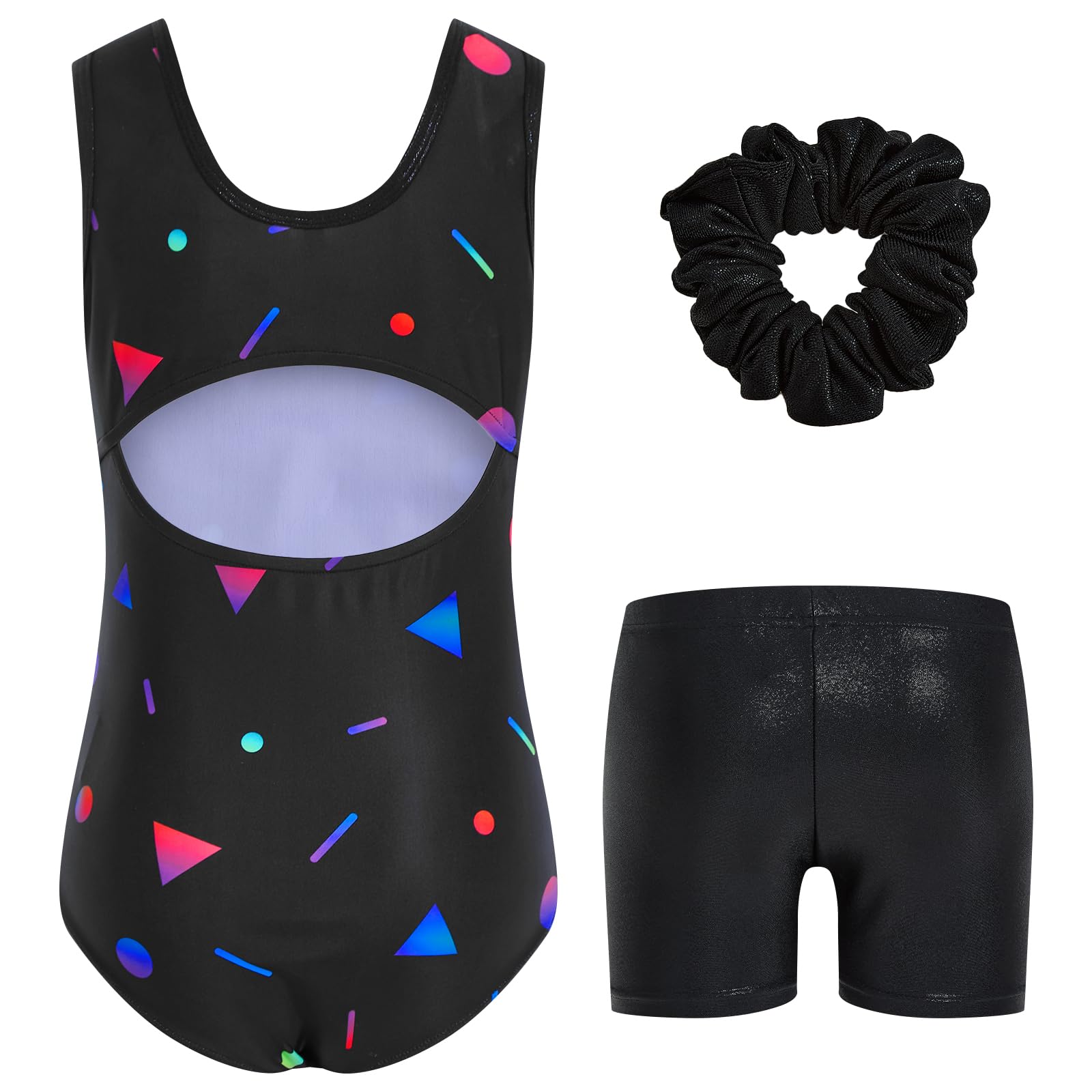 JiAmy Maillot Gimnasia Ritmica para Niña, Maillot Ballet Cuello redondo Disfraz Gimnasta Incluyendo Hairband Pantalones cortos 3-12 años