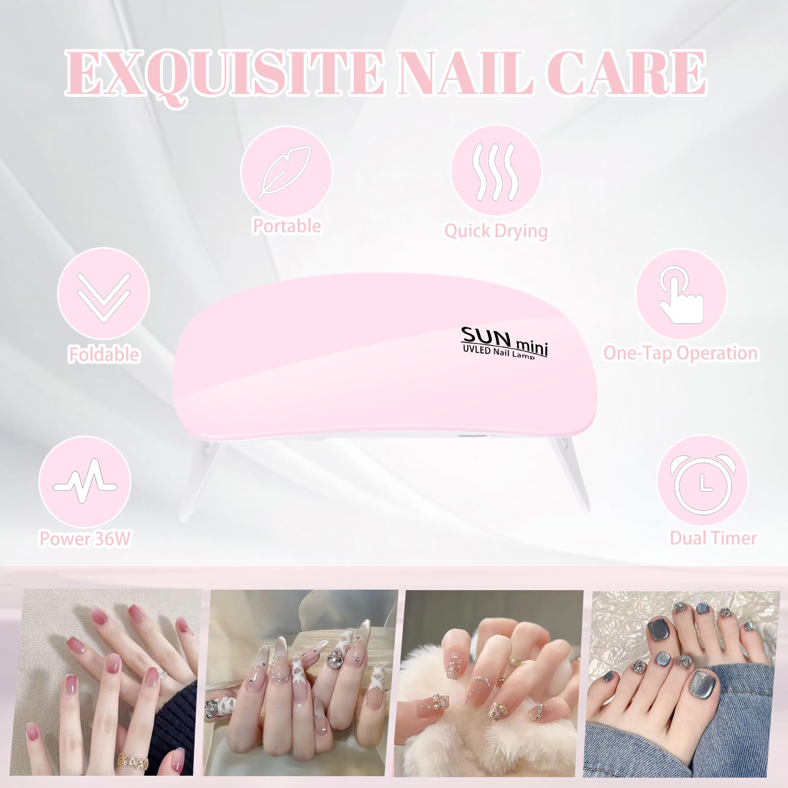 Pavlleen Mini Lampara UV Led Uñas, Secador de Uñas con Cable USB, Portable Plegable Lámpara Led Uñas de Gel con Temporizador 60s y 120s, para Salón de Uñas, Hogar, Viajar (Rosa)