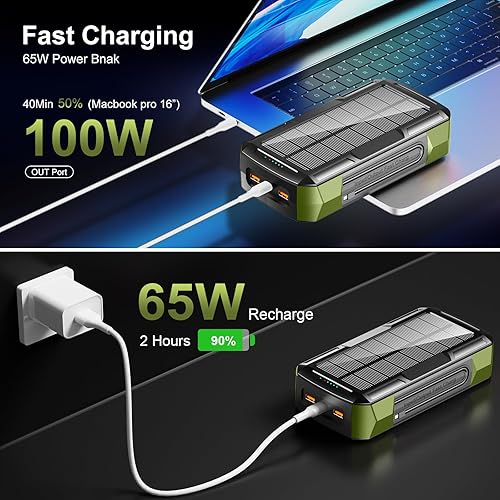 Miniatura 3 de Cargador solar de 73200 mAh, cargador portátil para portátil con entrada USB-C de 100 W, cables integrados, banco de energía de manivela para
