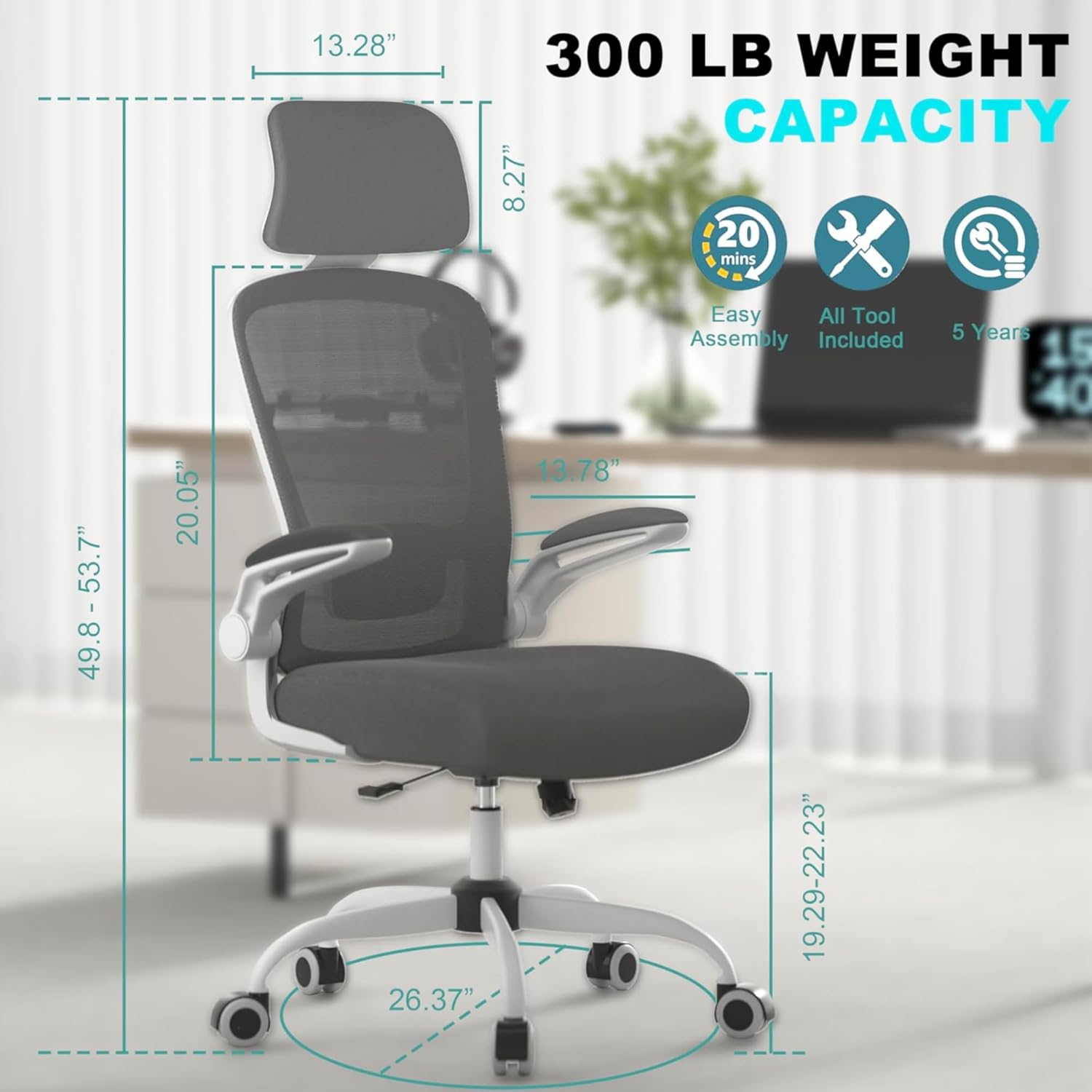 mimoglad office chair, comfy desk chair - high back ergonomic computer chair with adjustable lumbar support & headrest, flip-up armrests for guitar playing, swivel task chair for home and office