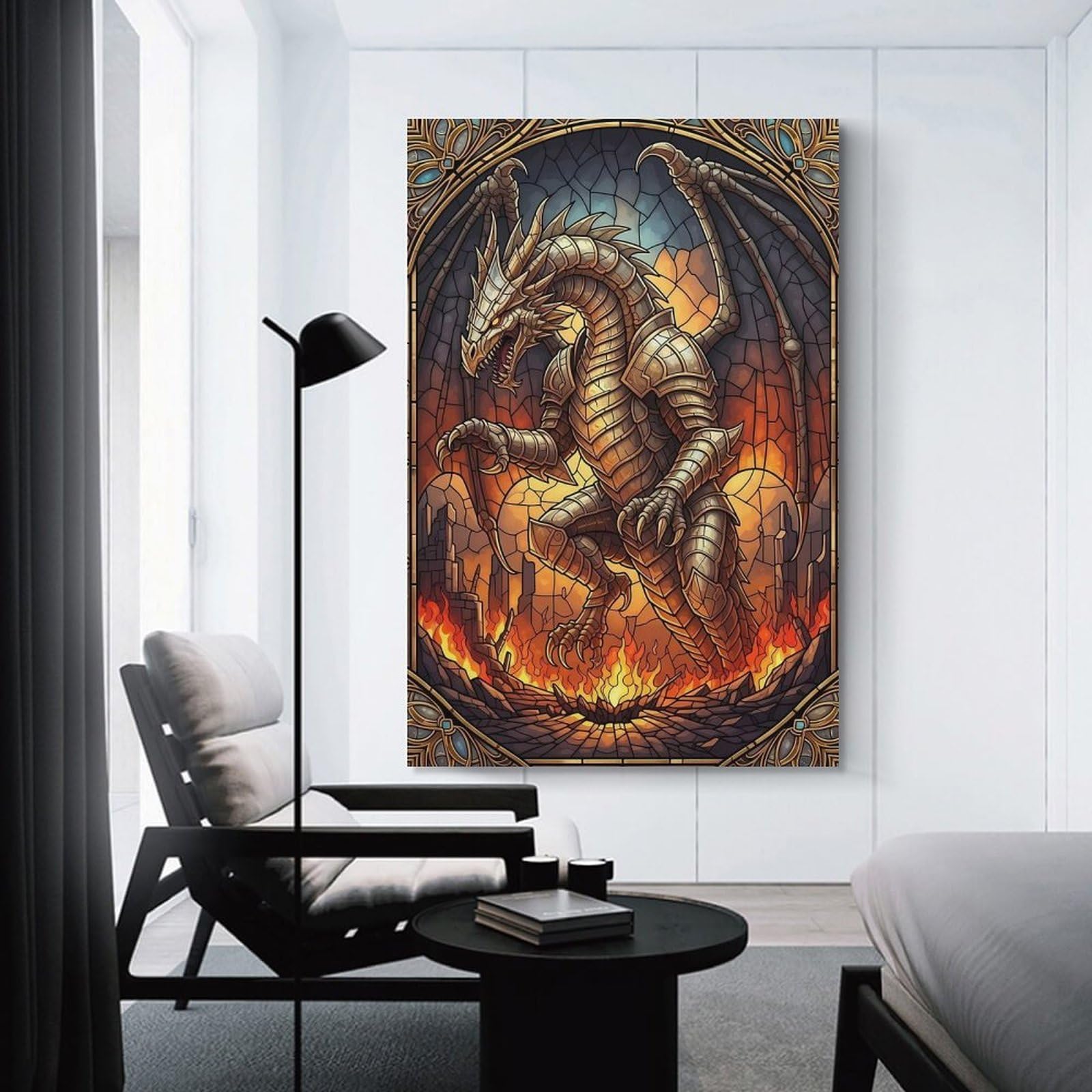 Junmoney Canvas Wall Picture Armored Dragon Stained Glass Illustration, 24x36inch(60x90cm), for Sofa Walls, Lounge Or Home Corners, Canvas Styling for A Polished Room Look
