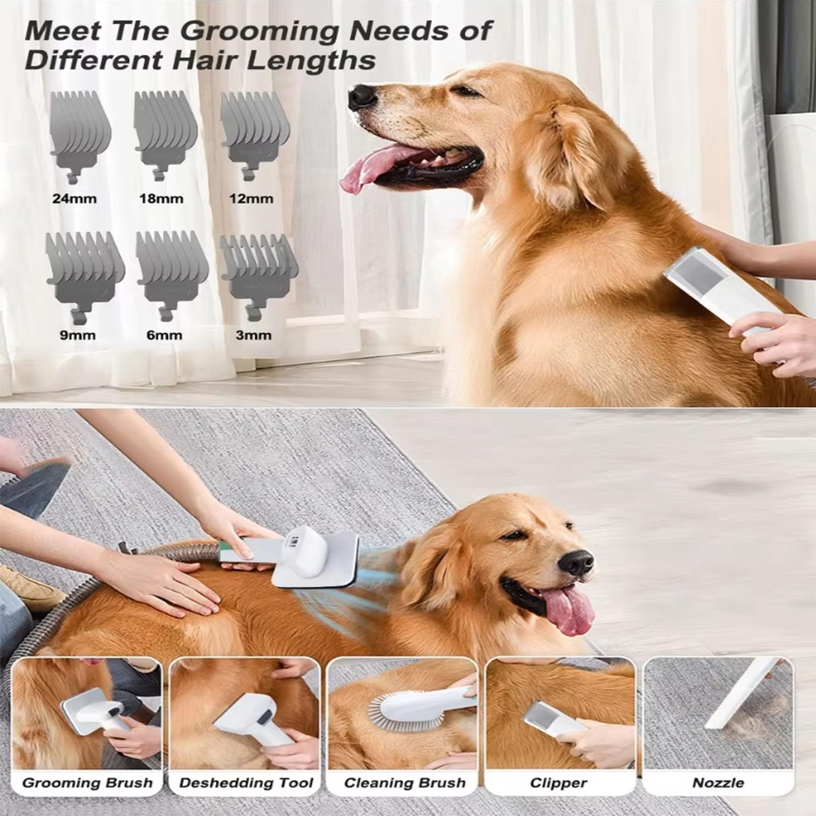 Kit d'aspirateur de toilettage pour chien, tondeuse et brosse, aspiration 99 % de poils d'animaux, kit de toilettage professionnel pour chiens et chats avec 7 outils éprouvés pour le toilettage