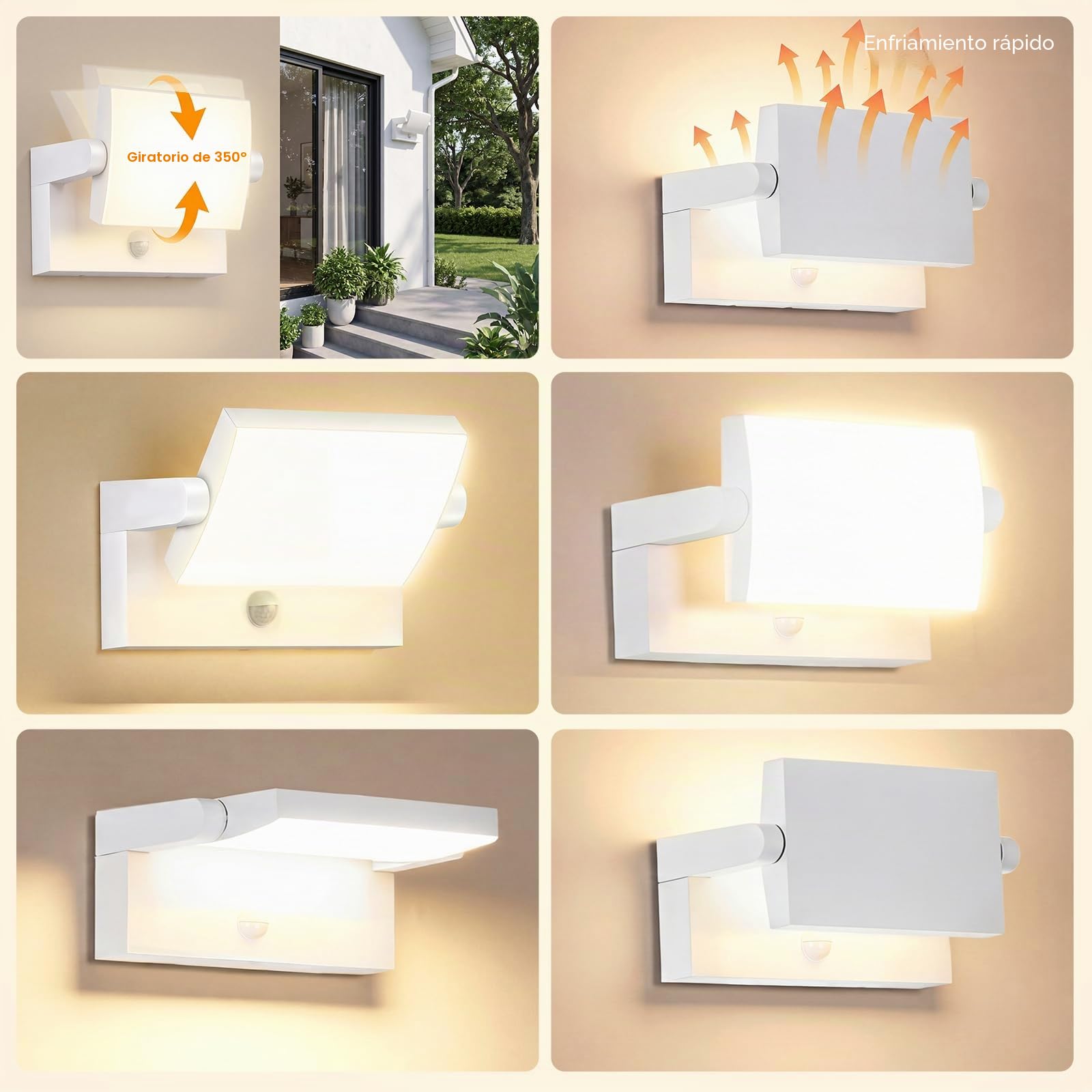 40W Aplique Pared Exterior con Sensor de Movimiento,40W 4000LM 3000K Blanco Cálido, Blanco Aplique de Pared Interior Rotación 350°,Impermeable IP65