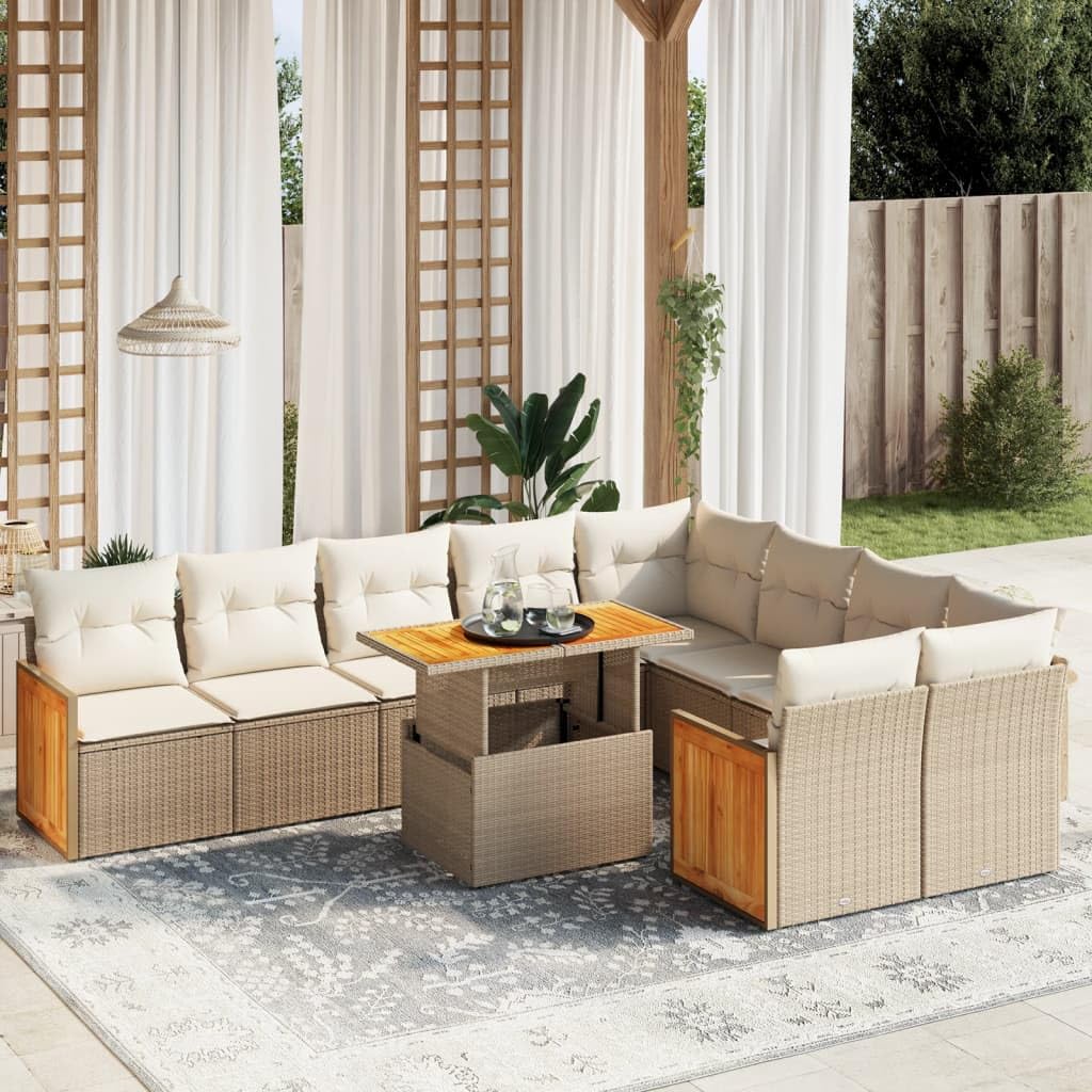 Set Divano da Giardino 10 pz con Cuscini Beige in Polyrattan,Set di Conversazione per Patio,Set Salotto da Esterno,Set Divano da Giardino Esterno-3274117