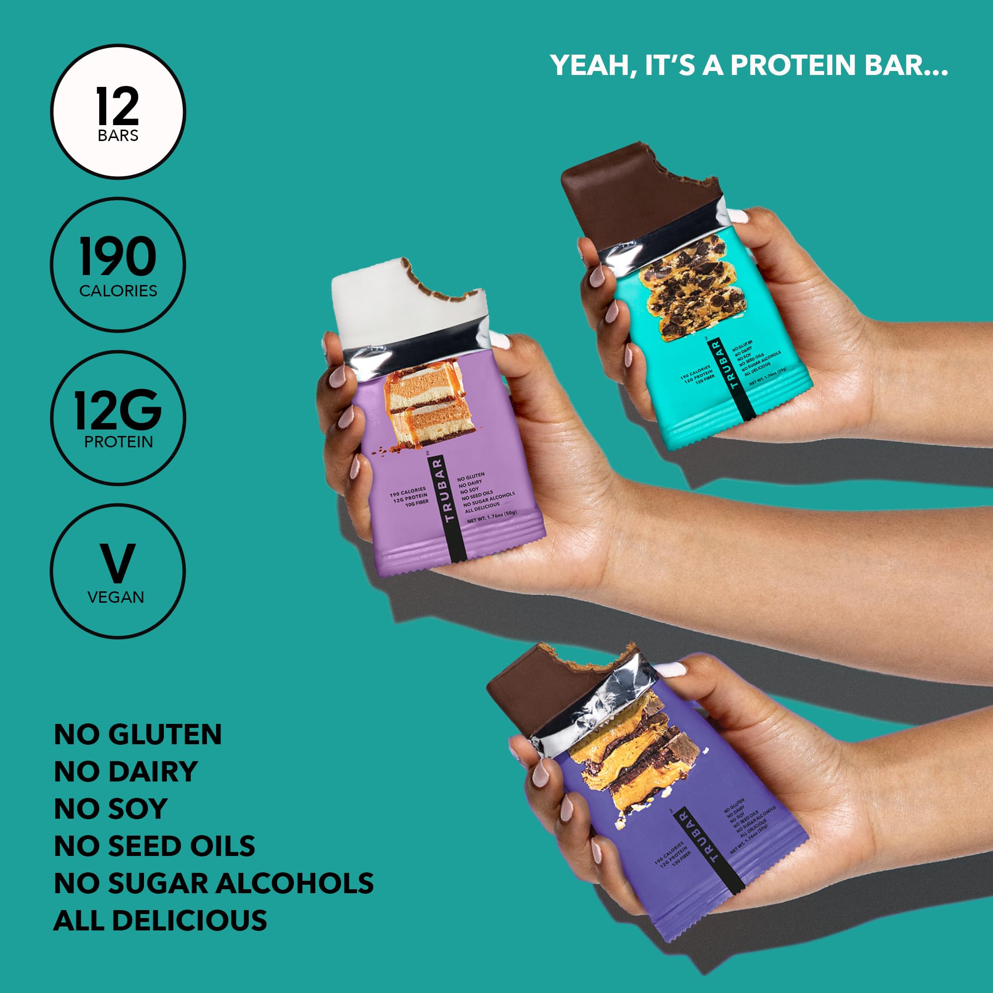 TRUBAR Vegan Protein Bar, Shake it Bake it Birthday Cake it, Gluten Free, Plant Based Protein, Dairy Free, Non GMO, Soy Free, No Sugar Alcohols, 12G Protein, 12G Fiber, 23G Carb, Snack Bars, 12ct: Peanut Butter, Macchiato, Cookie Dough 12 ct