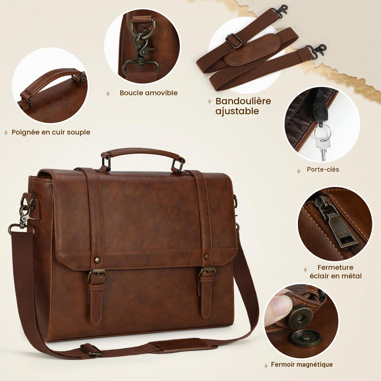 IGOLUMON Sacoche Ordinateur 15.6 Pouces Imperméables Cuir PU Sac a Main Homme Cartable Homme Sac Bandoulière Homme Sac Messenger Mallette Affaires