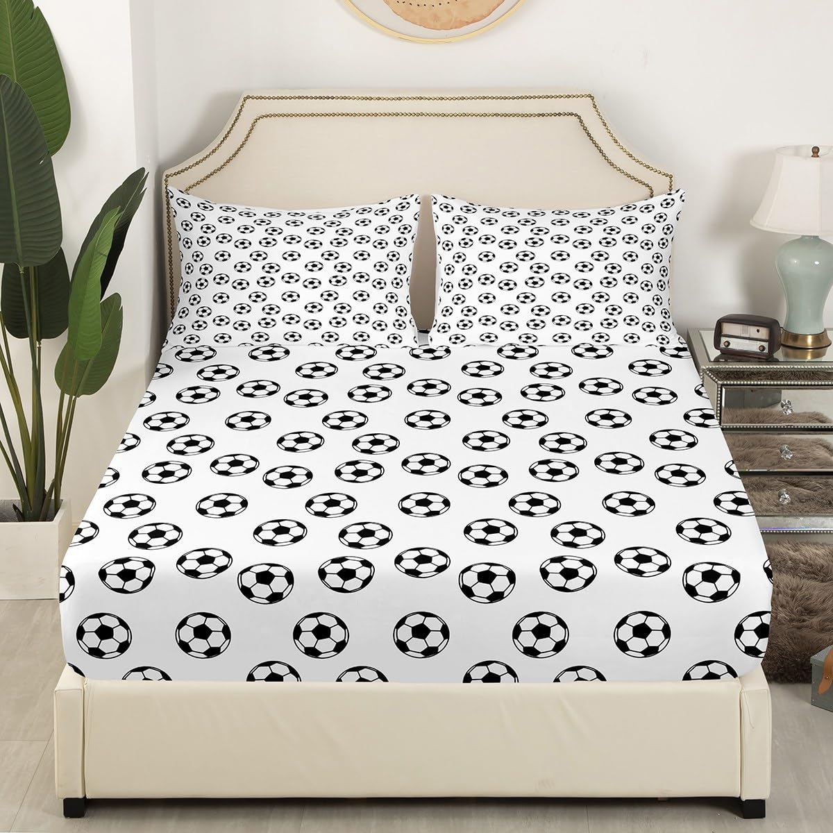 Soccer Kids Fitted Sheet Twin Size,Ball Sports Games Competition Bedding Set,Girls Boys Adults Room Decor,American Football Cartoon Bed Cover,Black White Unique Bed Sheet,1 Pillowcase?No Flat Sheet?