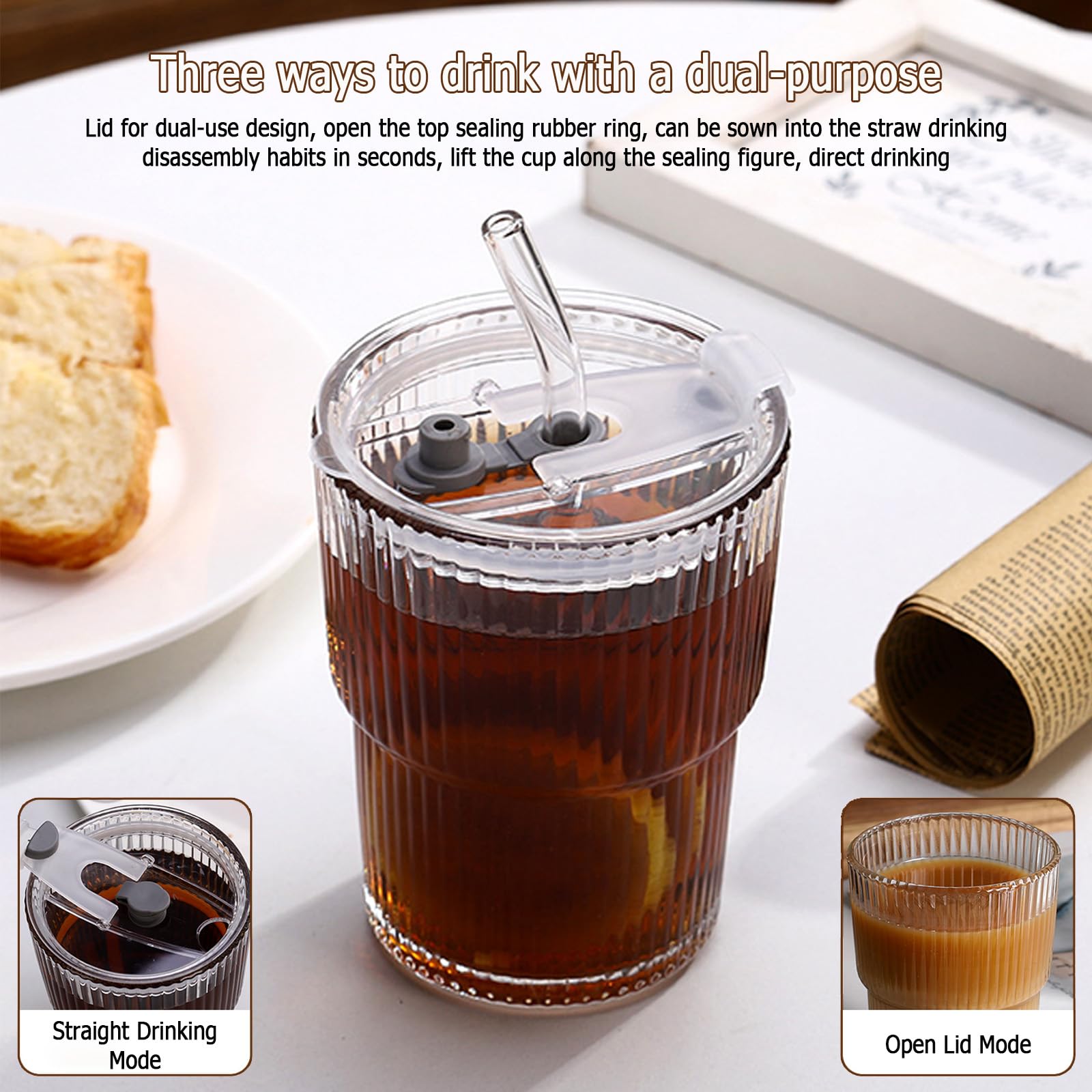 Bicchieri Da Acqua In Vetro Da 400ml Con Coperchio E Cannuccia - Tumbler Ermetico Per Succhi, Smoothie E Caffè Freddo - Foto 9