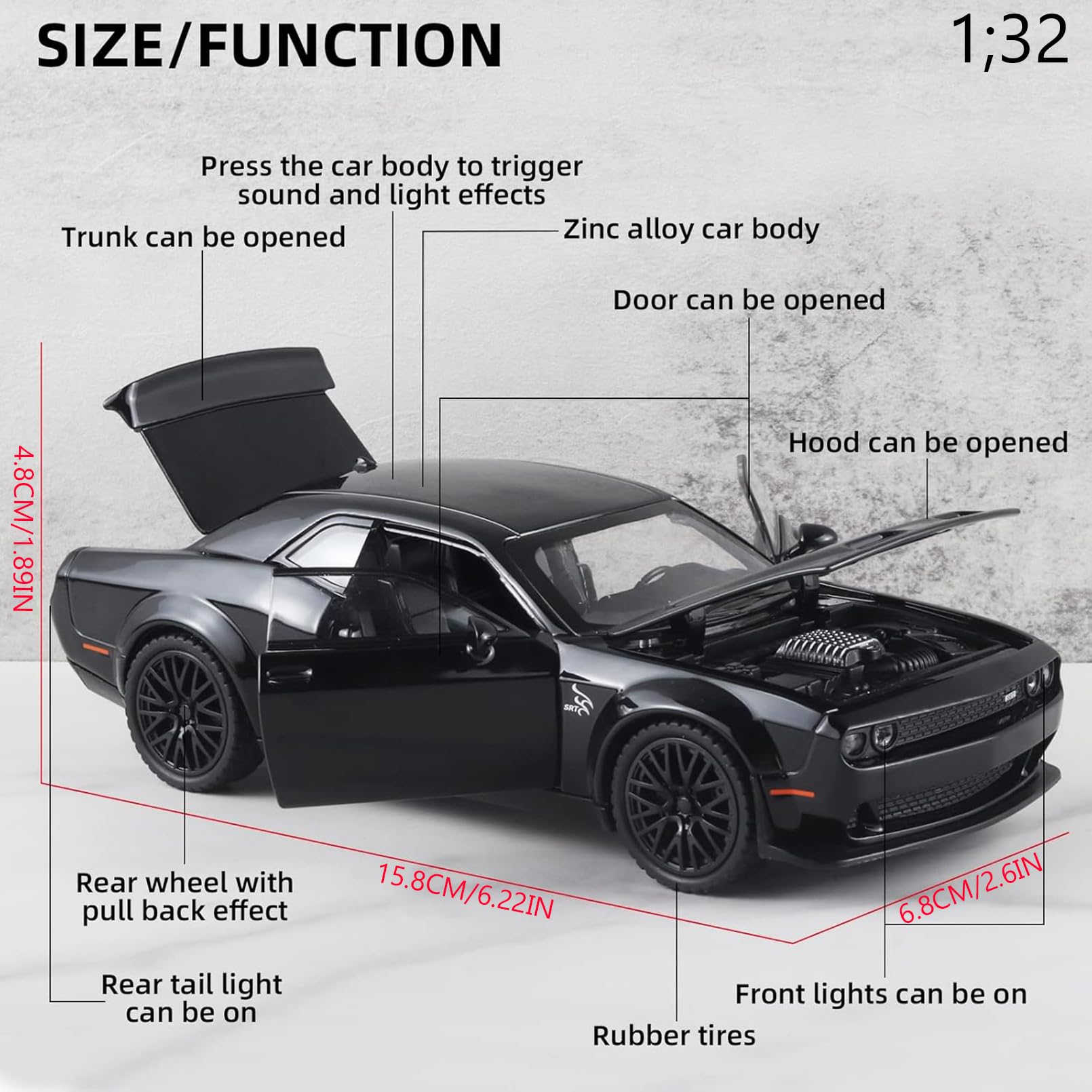 MODVKVK Dodge Challenger 1:32 Model Car, Die-Cast Metal Toy Cars - Image 3