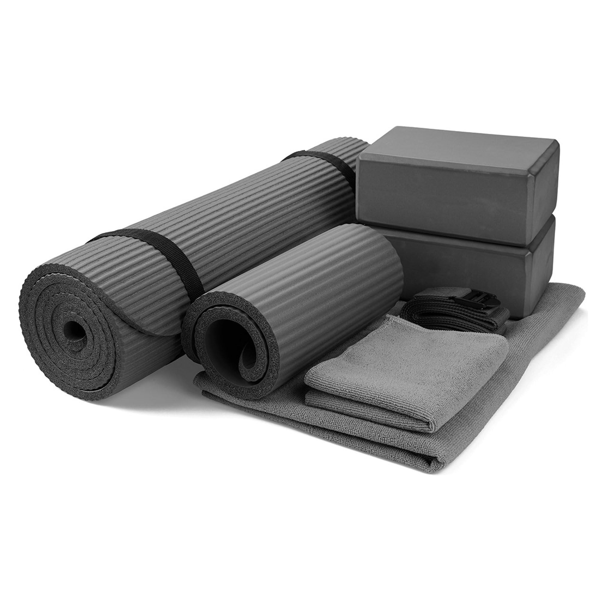 BalanceFrom 7-Piece Extra Thick Yoga Set with Mat, Blocks, Towels & Knee Pad (Gray)