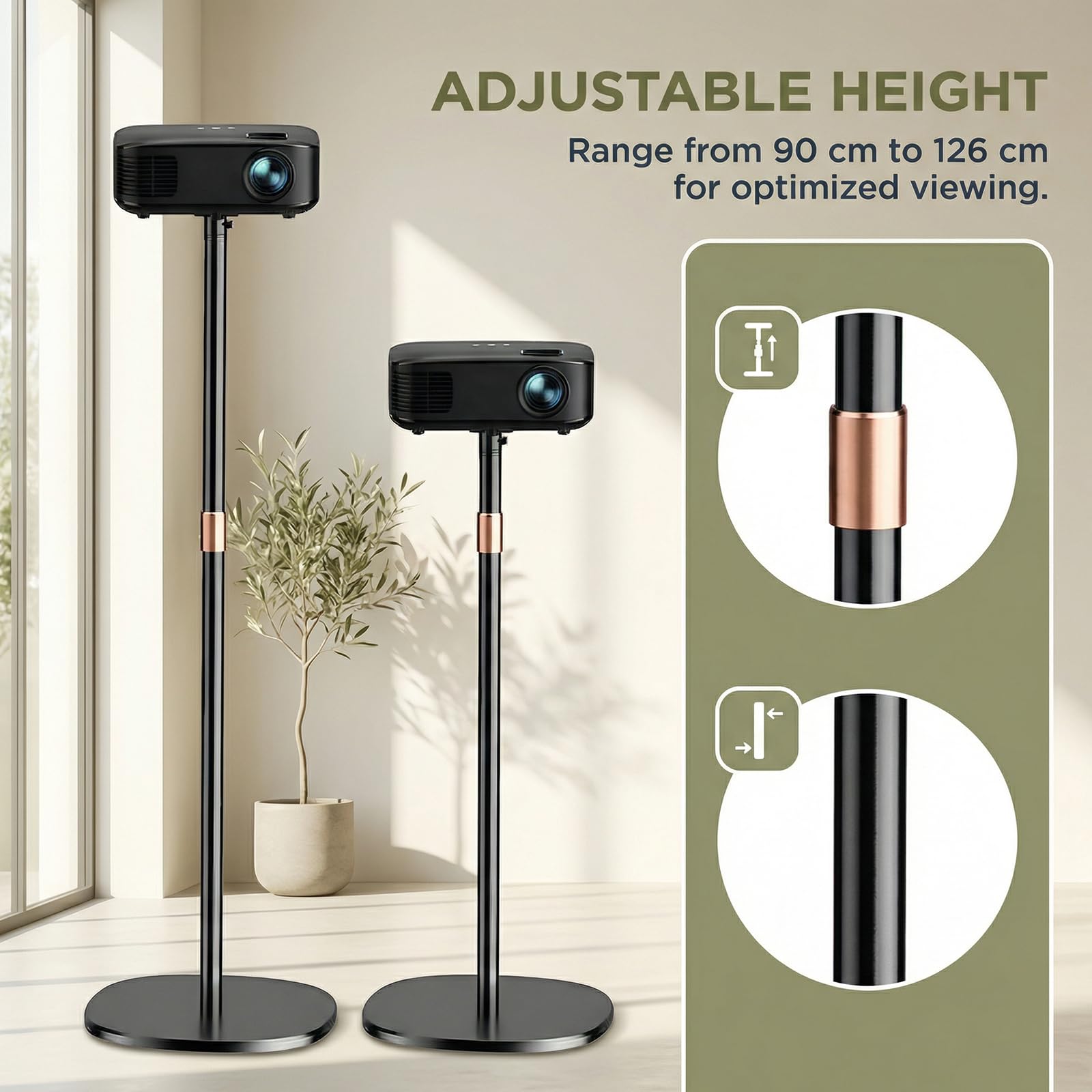 Projector Stand, Soporte Proyector Giratorio de 360° para la Mayoría de los Proyectores, Altura Ajustable de 128 a 164 cm, con Base Resistente para Cine en Casa, Sala de Juegos u Oficina.