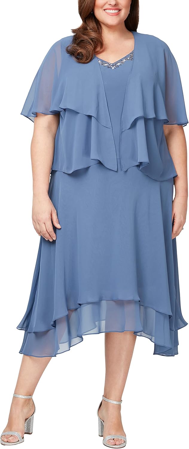 S.L. Fashions Womens Midi Length Beaded V-Neck Tiered Dress with Cascade JacketSpecial Occasion Dress 22 Plus Wedgewood Plus