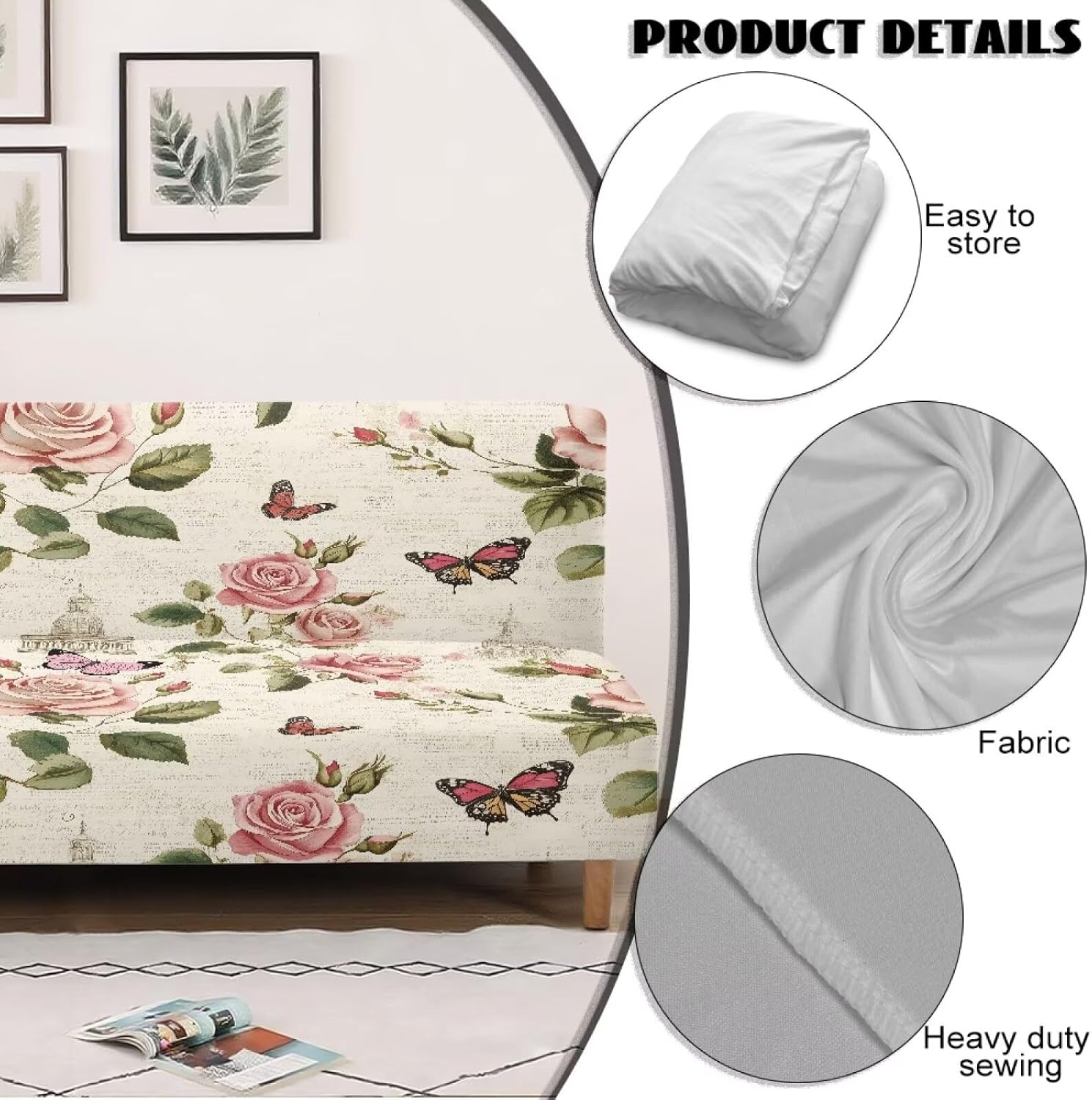 Flower Butterfly Armless Sofa Cover Rose Pink Futon Mattress Cover Futon Covers with Elastic Bottom Sofa Slipcovers Washable Couch Covers Furniture Protector