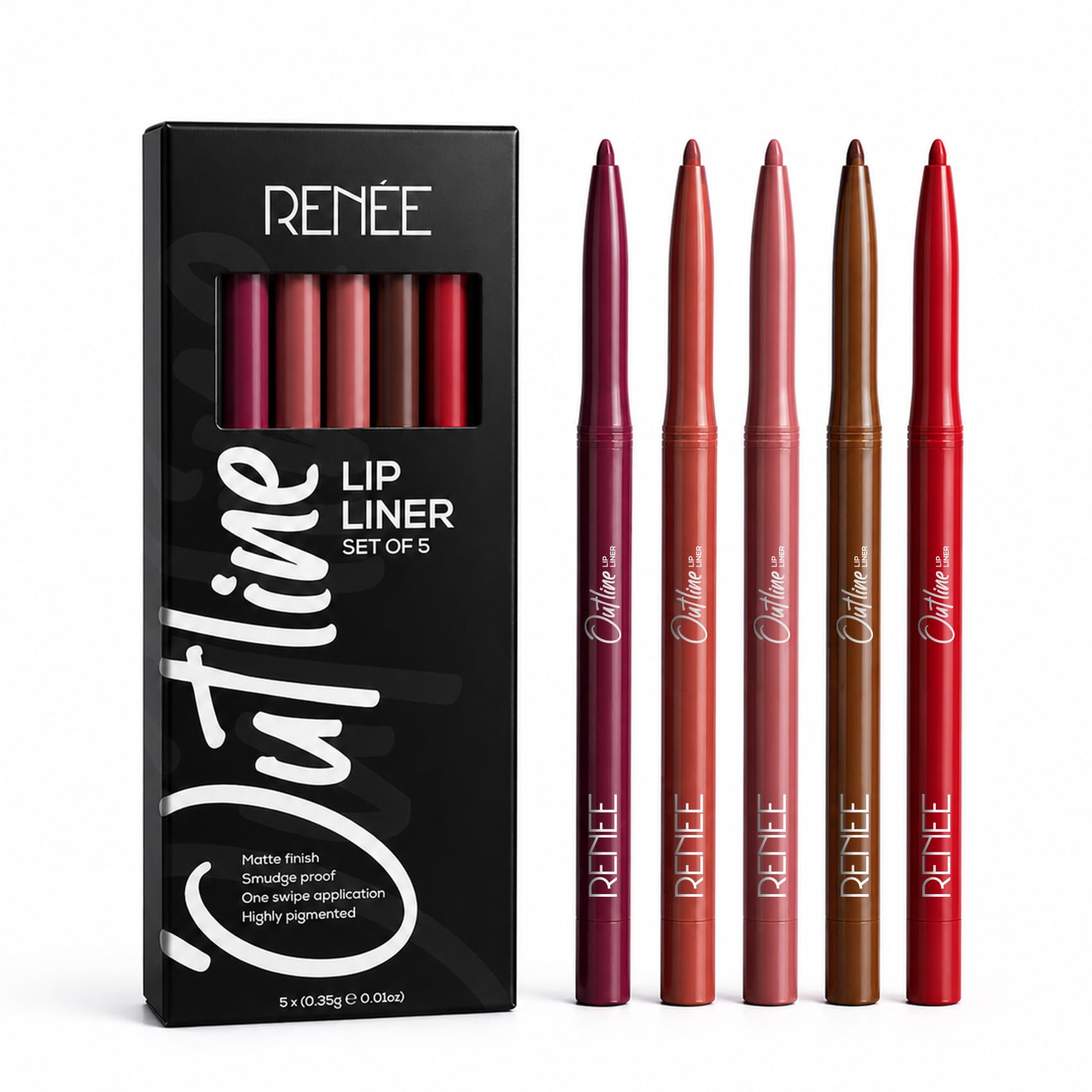 RENEE Outline Lip Liner - Combo of 5 with Built-in Sharpener l Long Lasting l Smudge Proof l Smooth Matte Finish l Rich Color Payoff l One Swipe Application l Ultimate Precision l Easy to Glide-image-5