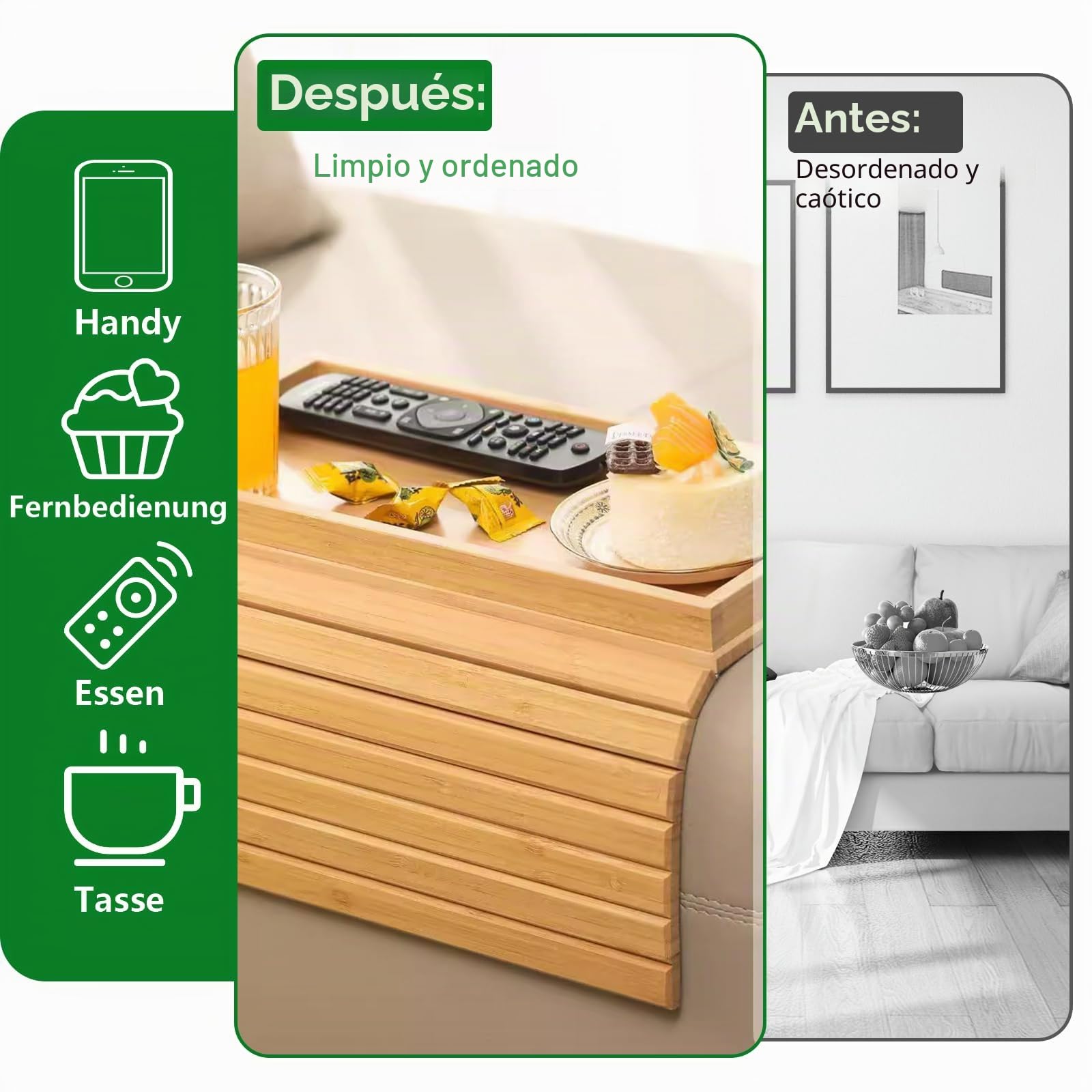 Bandeja para sofá con reposabrazos de bambú, flexible, bandeja de bambú, soporte para bebidas, plegable, para aperitivos, teléfono móvil, control, tazas