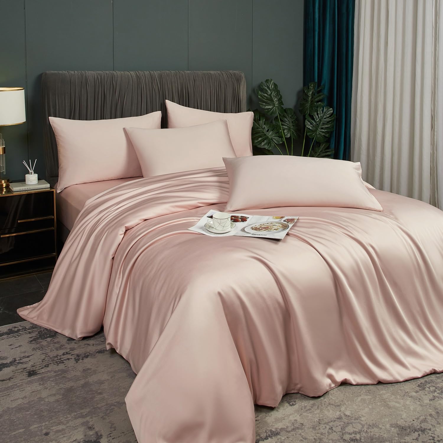 Biancheria da letto in bambù, 135 x 200 cm, rosa, rosa chiaro, estate, inverno, rinfrescante, in fibre di bambù lucido Lyocell, set di biancheria da letto traspirante, in bambù, 2 pezzi, copripiumino