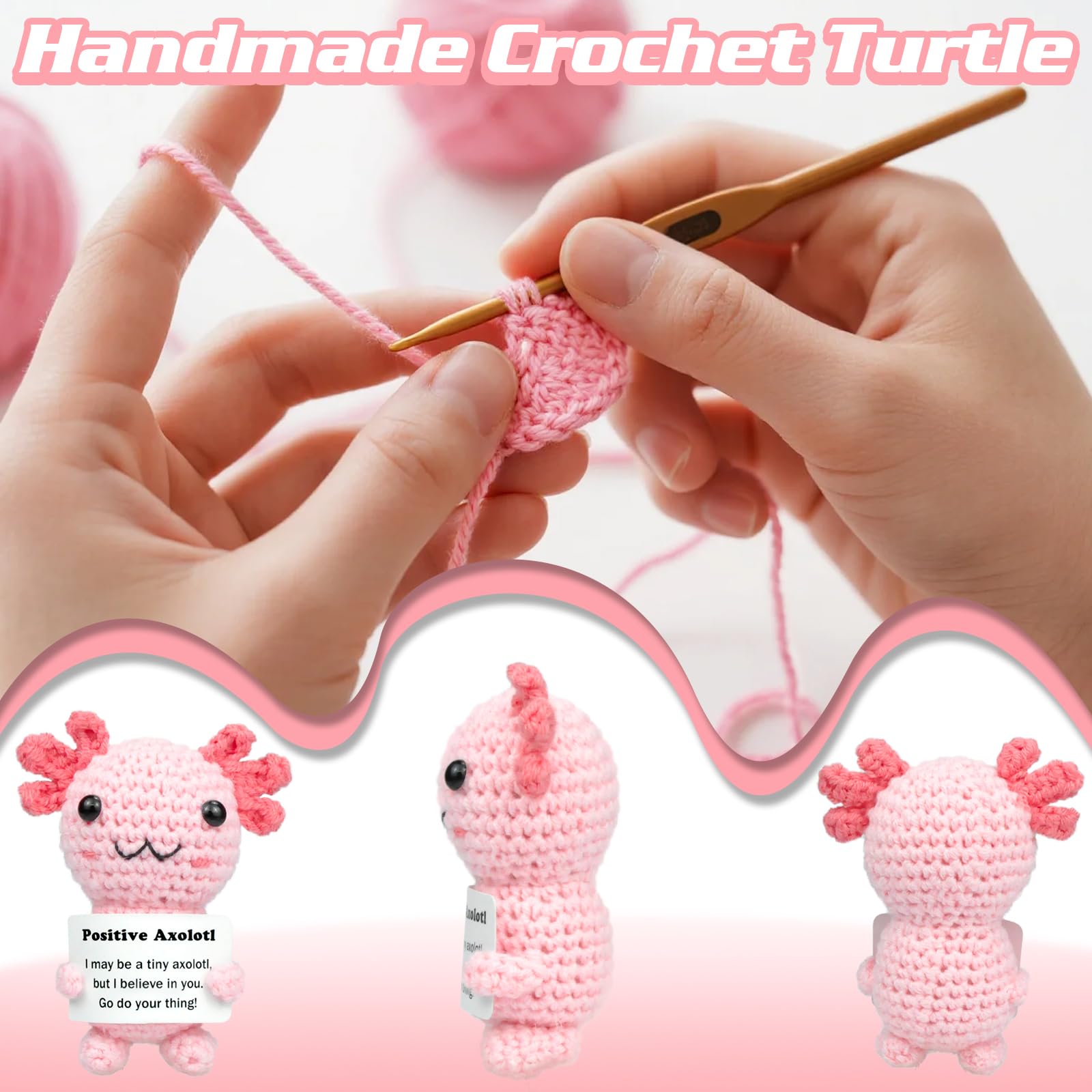 Emotional Support Crochet Gifts Positive Crochet Animals Knitted Crochet Doll with Positive Card for Women Men Animal Doll Emotional Support Gift Good Luck Gifts for Her Him Friend Colleague (PINK) - Image 3