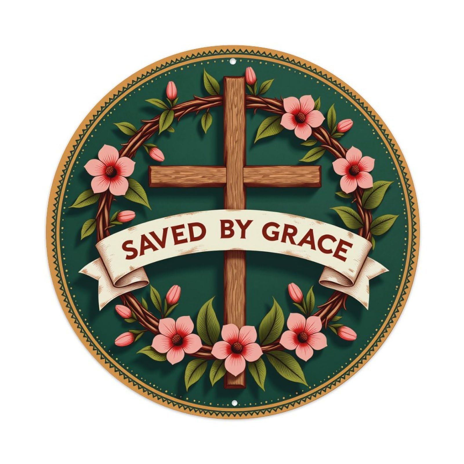 Cross With Flowers And Ribbon Round Tin Sign Vintage Metal Poster, Home Bar Garage Man Cave Cafe Indoor & Outdoor Wall Decoration 8x8Inches