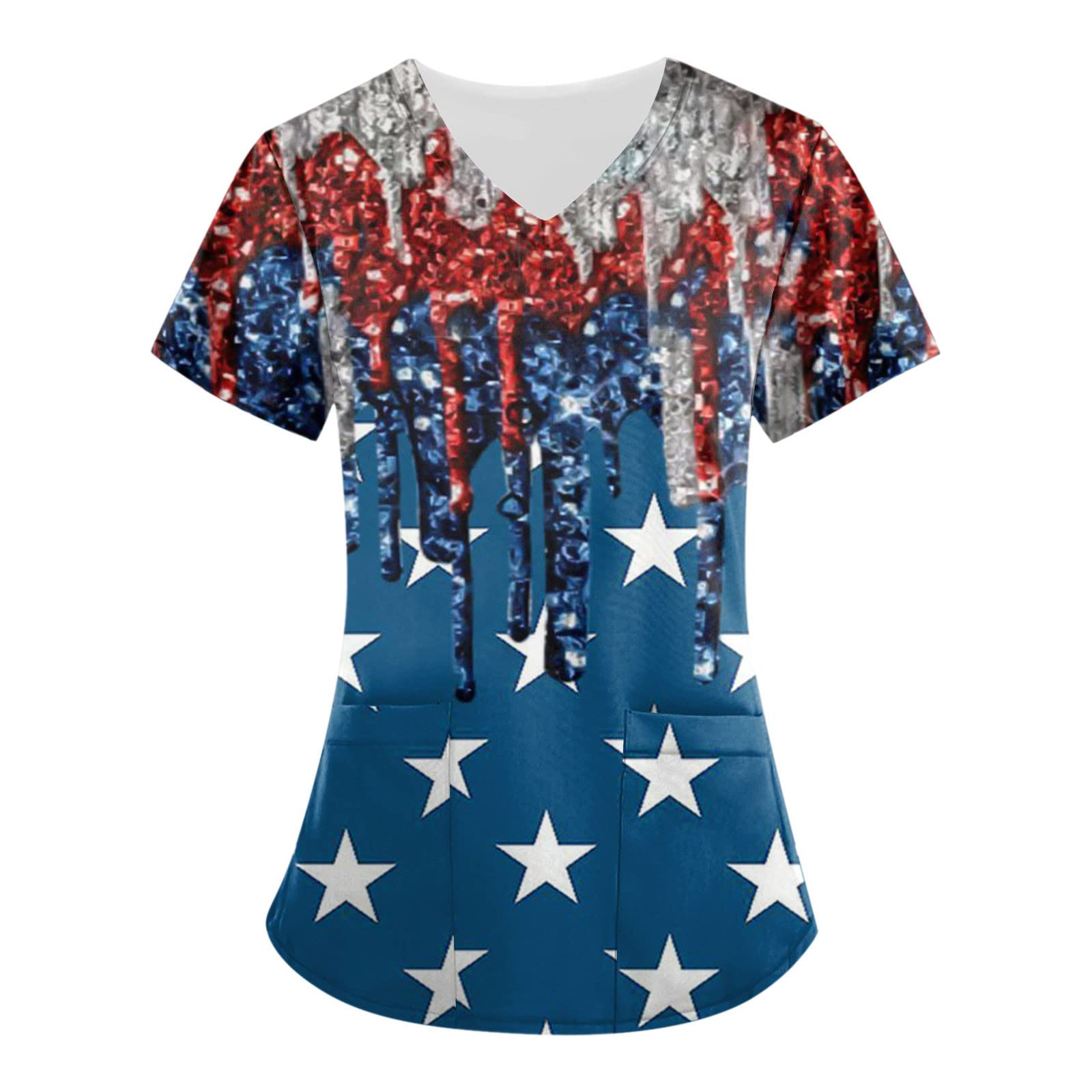 Women's Scrub Tops Plus American Flag Independence Day V Neck Pockets Patriotic Blouse 4th of July Working Uniform