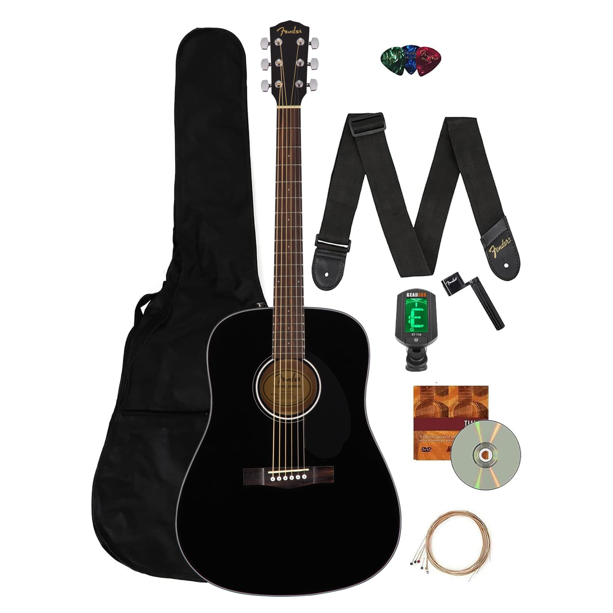 Fender Dreadnought Acoustic Guitar - Black Bundle with Gig Bag, Tuner, Strap, Strings, String Winder, Picks, and Austin Bazaar Instructional DVD