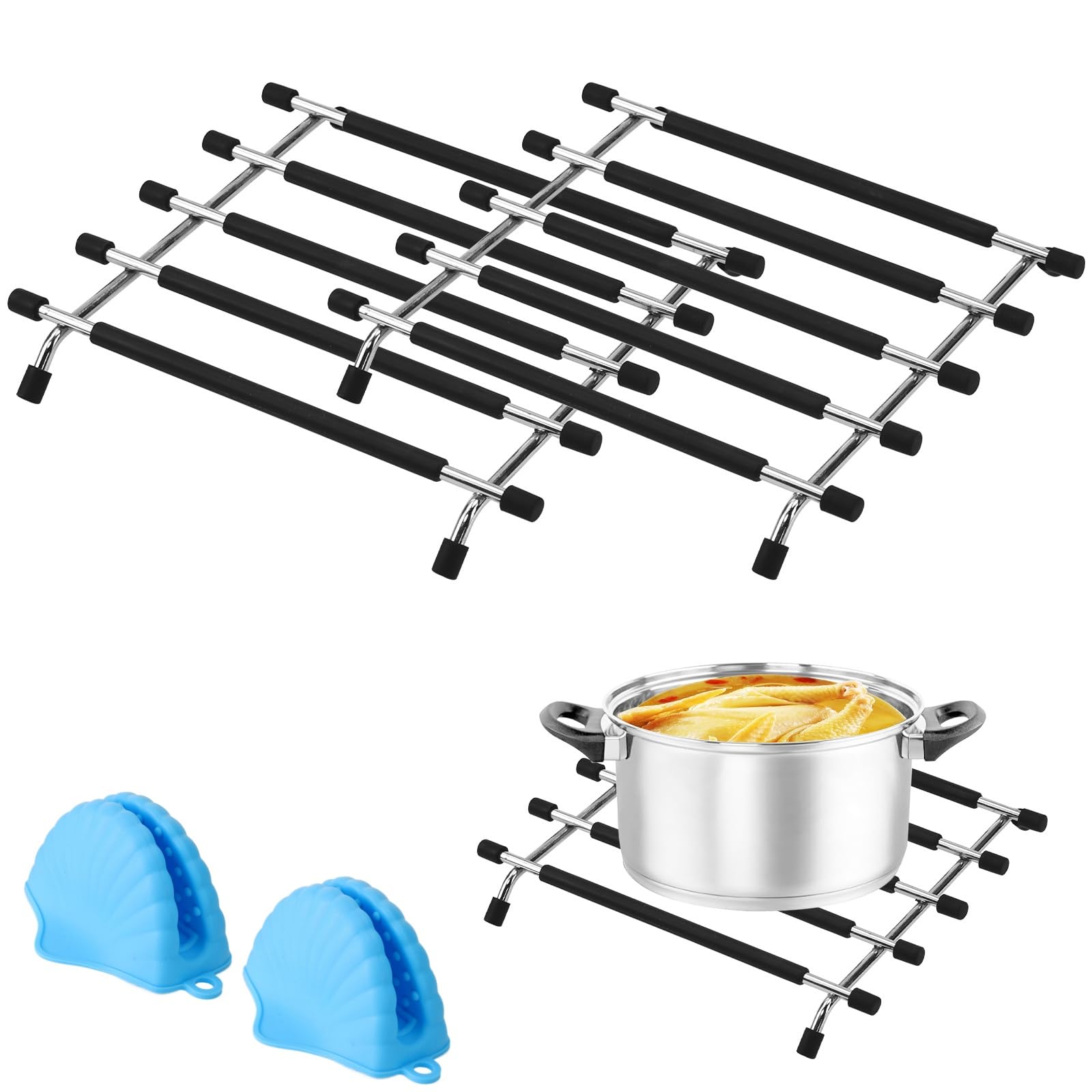 KARBAG 2 Pcs Kitchen Trivet Stand, Heat Resistant Anti Slip Trivets Kitchen Worktop Protector Stainless Steel Trivet Pan Stands with Heat Insulation Hand Clip for Kitchen Worktops, Hot Pans