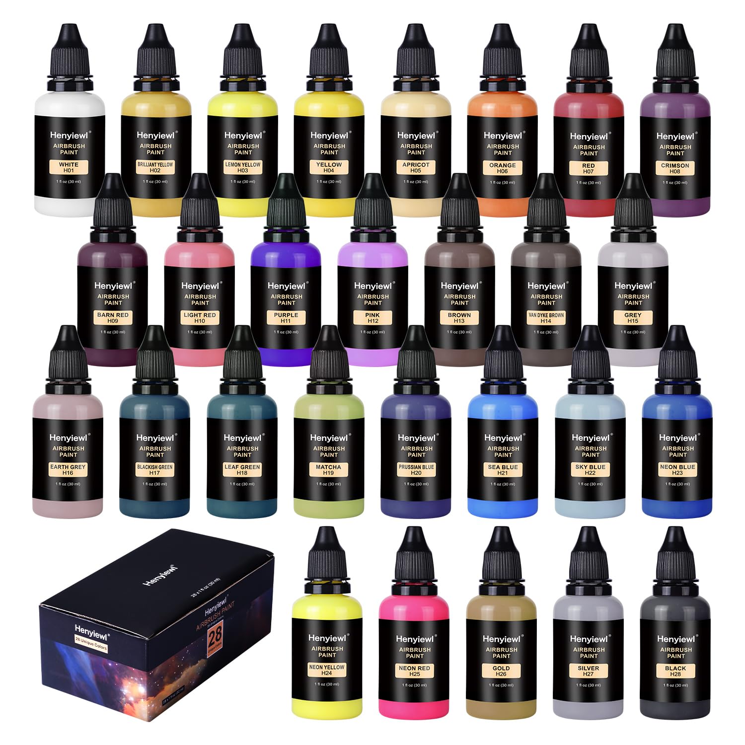 Airbrush Paint, Henyiewl 28 Colors Airbrush Paint Set (30 ml/1 oz), Opaque & Water-based Acrylic Air Brush Paint Kit Includes Metallic and Neon Colors, Premium Airbrush Paints for Artists, Beginners,