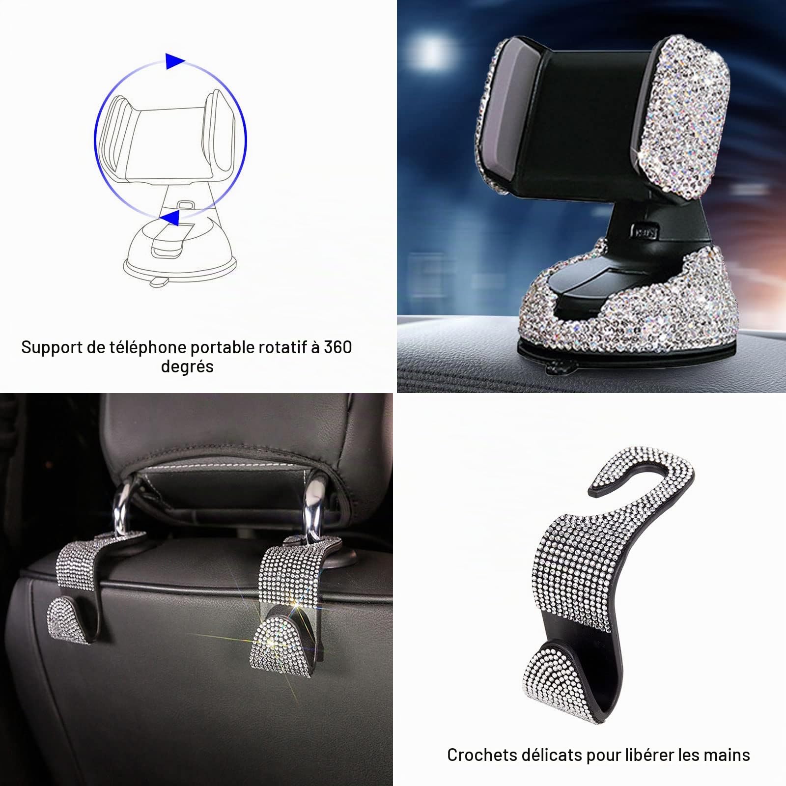 Lot de 20 accessoires de voiture bling-bling pour l'intérieur des femmes - Accessoire de voiture bling accessoires de voiture pour femmes - Support de téléphone portable bling-bling