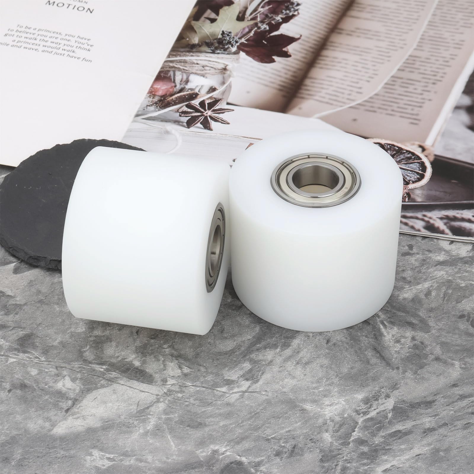ECSiNG Lot de 2 rouleaux de transpalette en nylon polyamide 80 x 60 mm compatibles avec roue de cric à palettes avec roulements à billes, roues de levage en nylon, fixateur de palette, roulettes de