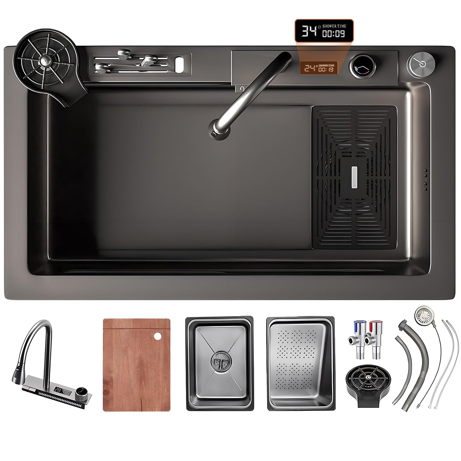 WIQUYBML Workstation Kitchen Sink With Waterfall Faucet, Domestic Stainless Steel Basin Single Bowl Set, Pressure Pot Washer, Cutting Board, Draining Basket, And Accessories(Black-Gray A,75x46cm)