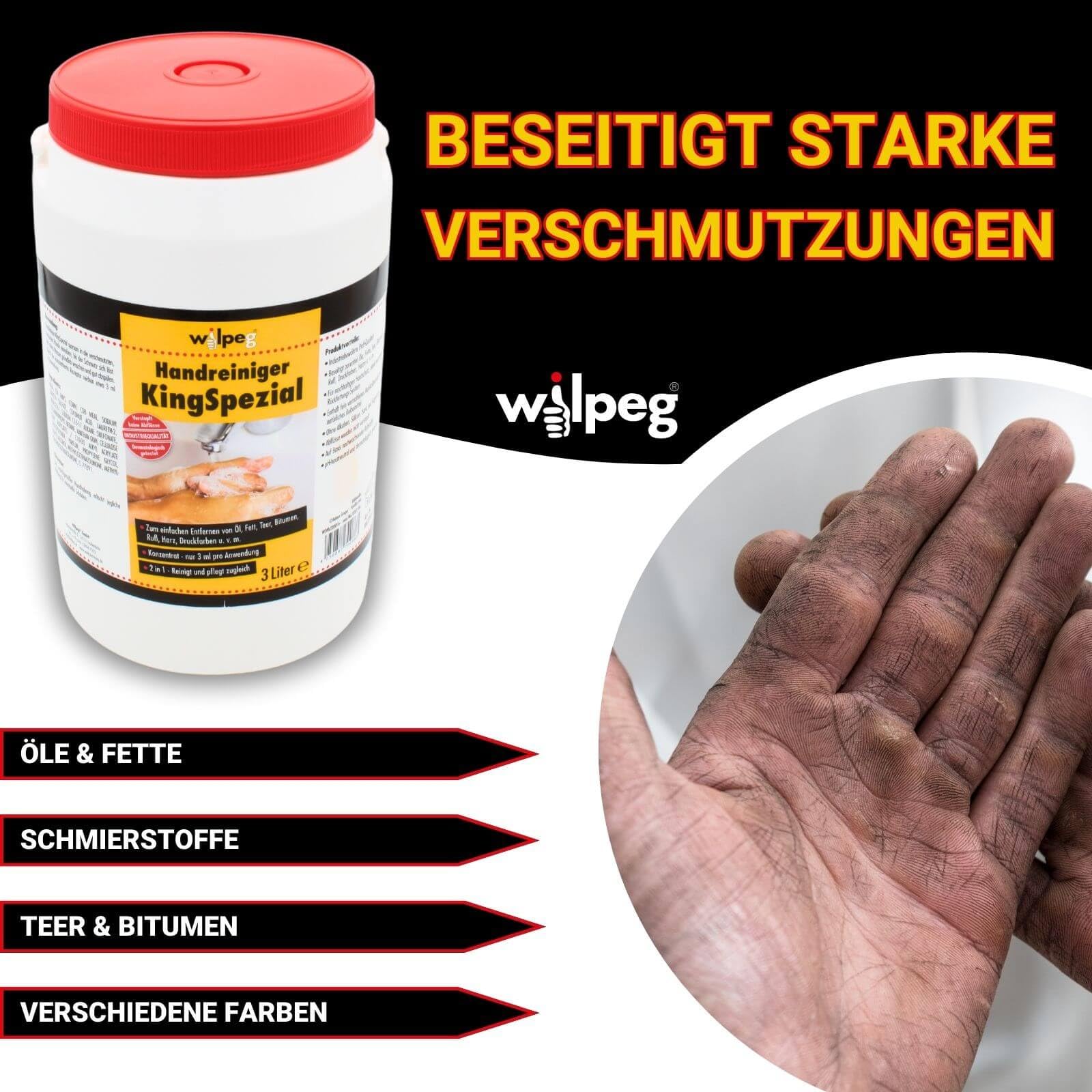 WILPEG Handreiniger 3 Liter - Seife, Waschpaste, Handwaschpaste für starke Verschmutzungen wie Öle, Fette, Teer u.v.m. (KingSpezial 3L + Spendersystem)