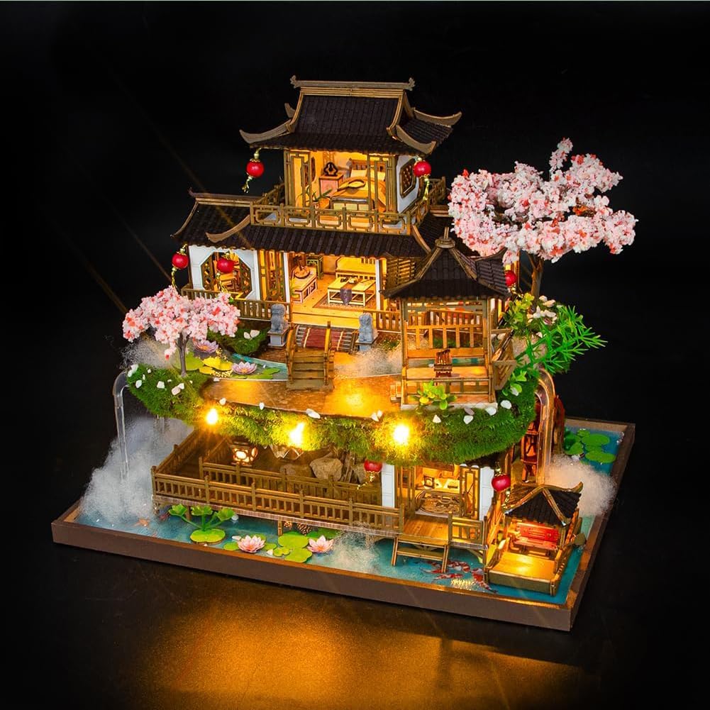 Kit per casa delle bambole in stile cinese, kit per casa delle bambole in legno con musica e luci a LED, kit fai da te per casa delle bambole in scala 1:24, casa in miniatura per adulti, regali di