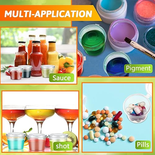Miniatura 7 de Lounsweer Paquete de 60 recipientes de plástico para soufflé de condimentos con tapas adjuntas de 1 oz, mini tazas de salsa de gelatina a prueba de