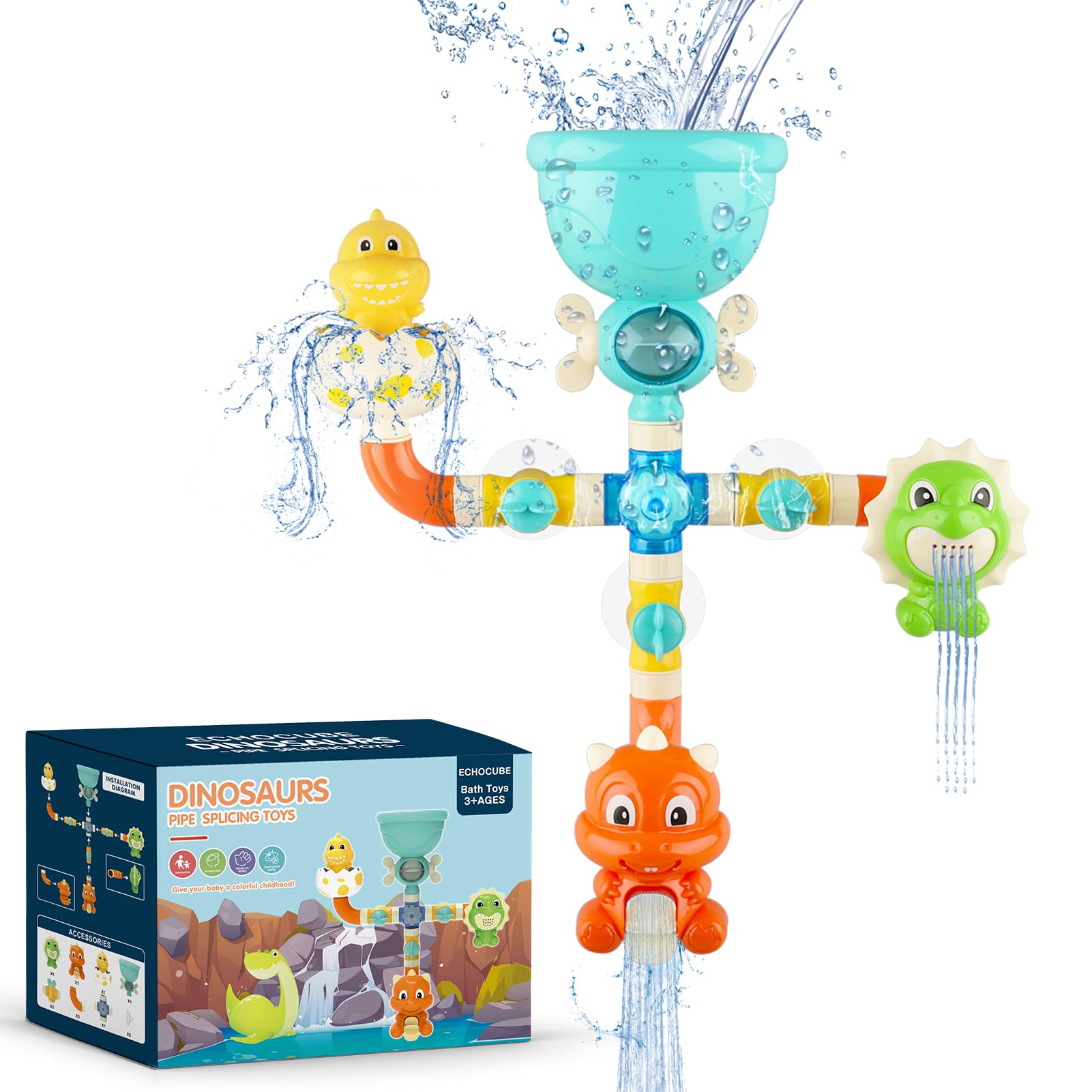 ECHOCUBE Juguete de baño para bebés, Juguete de bañera de Animales con Manguera y estación de Cascada, Bañera Juguetes de Agua, Set de Regalo de Juguete de baño de Dinosaurio para niños 1 2 3 4 años