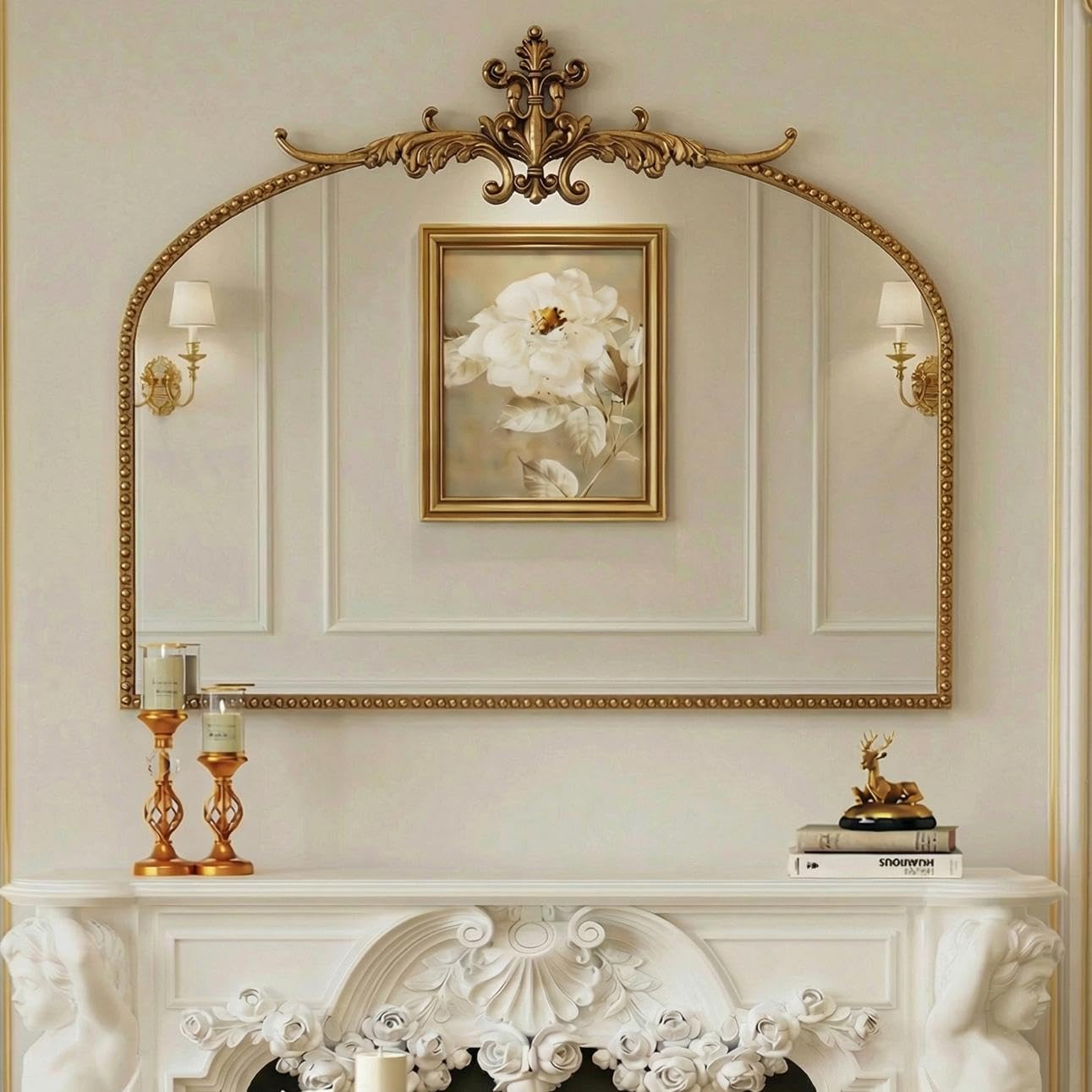 Photo 1 of PlushVibes Vintage Arched Wall Mirror - 32"x24" Large Antique Gold Baroque Wall Mirror with Beaded Metal Frame - Ornate Home Decor for Bathroom, Fireplace, Living Room, Hallway, Bedroom