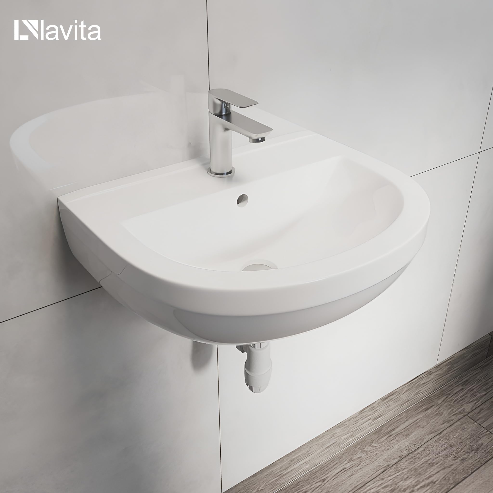 Lavita Waschbecken Komplettset – Wandwaschbecken Bart mit Armatur, Vorwandelement, Click-Clack-Ablauf, Siphon und Montageset, Weiß/Chrom