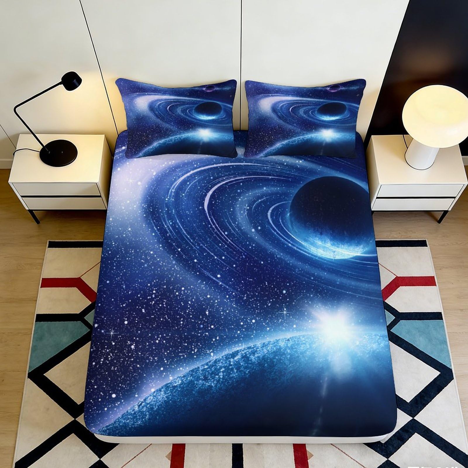 3D Printed Galaxy Starry Sky Fitted Sheet Microfiber Blue Cosmic Nebula Mattress Cover Anti-Slip Bedroom Decor Easy Care 140x200x25cm