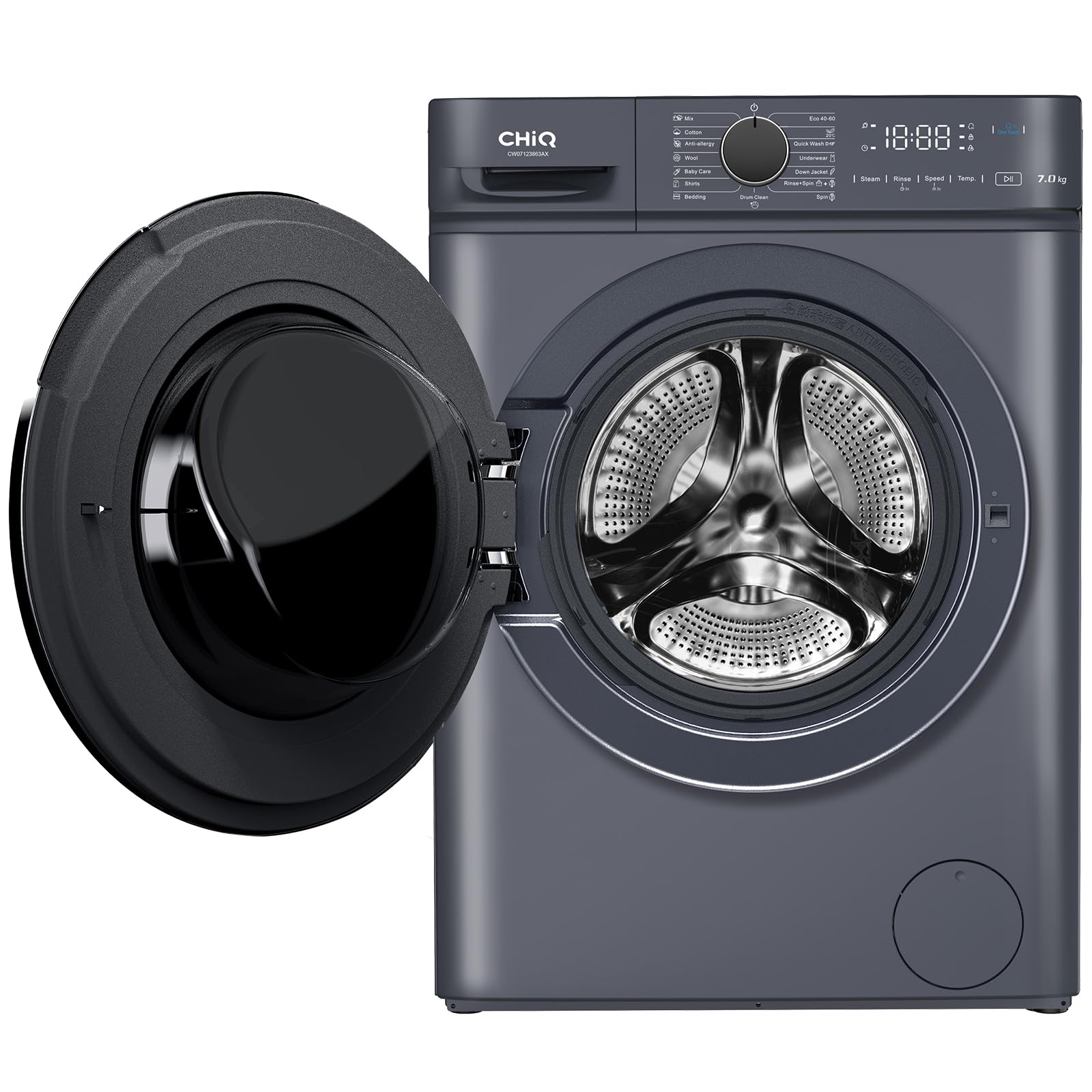 CHiQ CW07123863AX Lavatrice Slim- 7KG, Classe A, Motore BLDC 1200 RPM, Vapore e Lavaggio rapido, 15 Programmi, Design compatto (60x46,5x85cm) - Grigio moderno