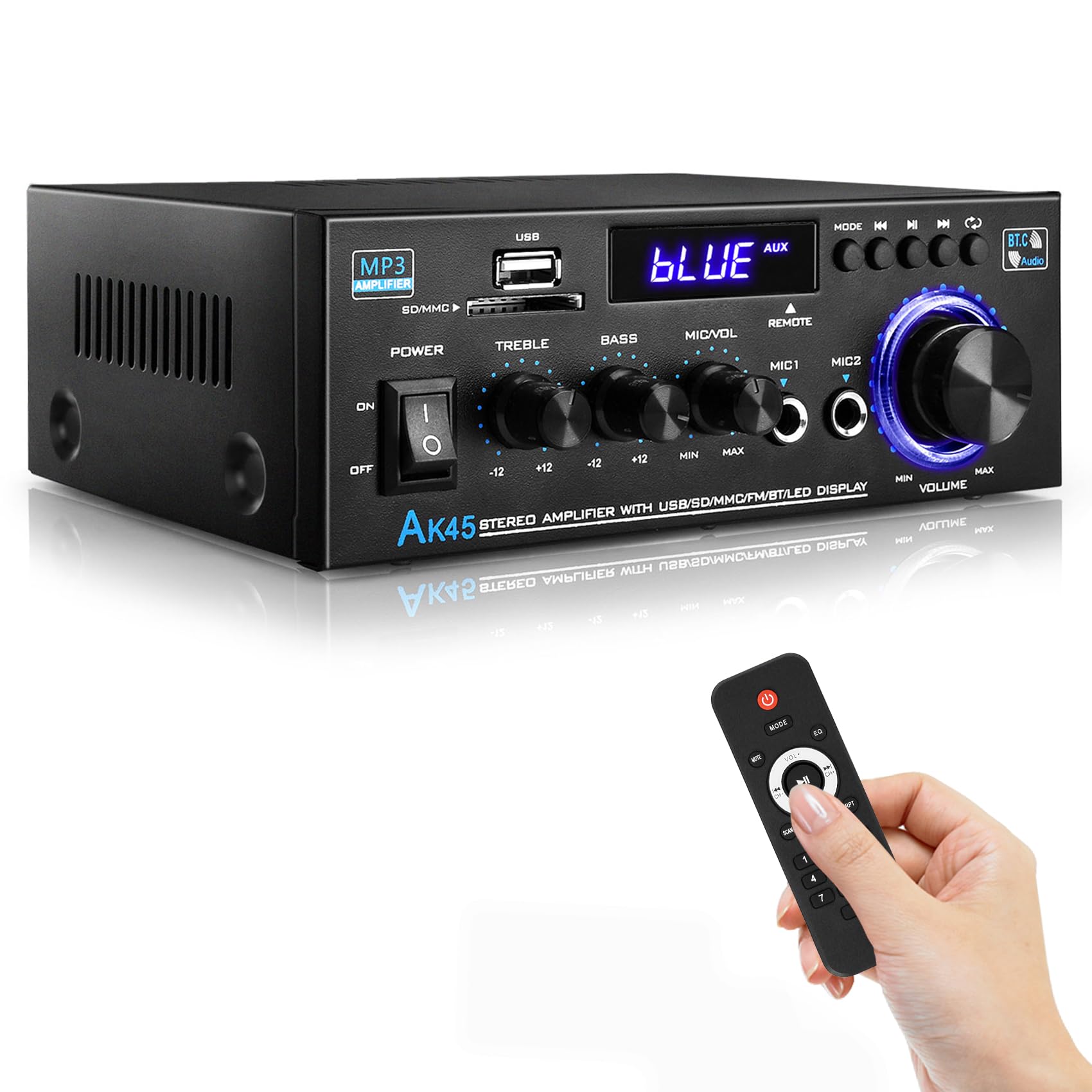 Hifi Verstärker - KKMOL Stereo Verstärker, AK45 Mini Bluetooth Radio Audio Verstärker Receiver, Wiimp Amp,12V/ 220V 400W 2 Kanäle Digitale Endverstärker Soundverstärker mit USB, SD Card, Fernbedienung