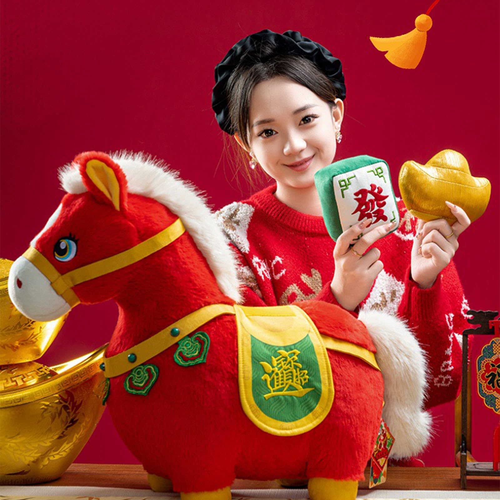 Cuscino per divano con motivo a cavallo culturale Cuscino decorativo tradizionale per capodanno cinese per la casa Cuscino per cavallo in peluche Cuscino decorativo per capodanno cinese