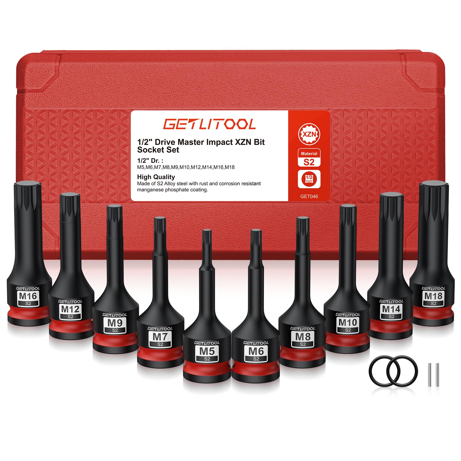 GETLITOOL Lot de 10 douilles à impact XZN en acier S2 triple carré, taille marquée et étui M5-M18 pour réparation automobile et entretien mécanique