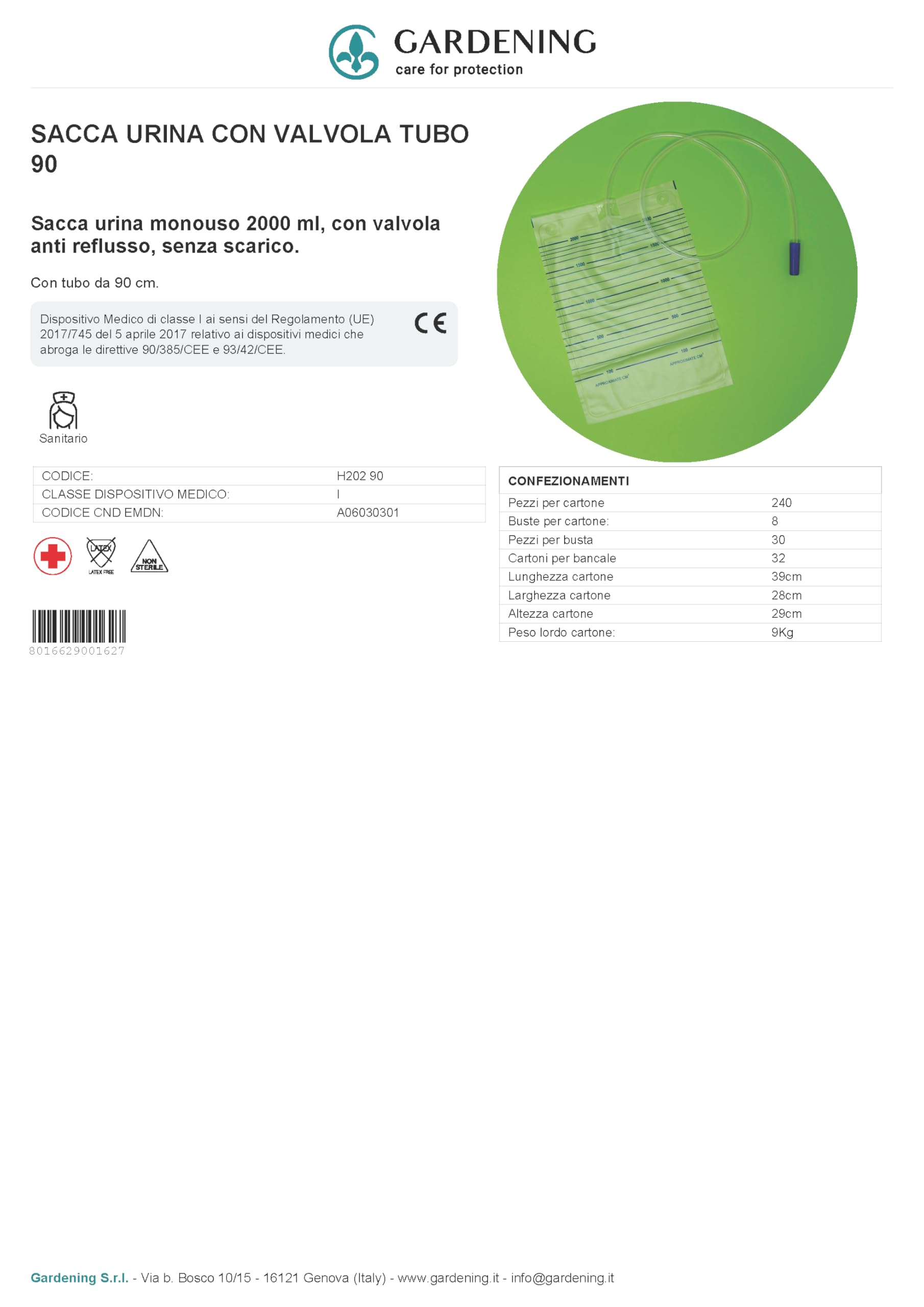 Sacca per urina da letto - monouso - capacità ml. 2000 - tubo cm.90 - valvola anti reflusso - senza scarico - conf. 120 pz (4 x 30 pz) - CE