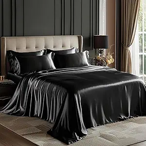 Love's cabin Satin Queen Sheets Set - 4 Piece Black Silky Bed Sheets Set with Deep Pocket, Luxury Silk Feel Satin Queen Size Sheet Set (1 Flat Sheet,1 Fitted Sheet,2 Pillow Cases)