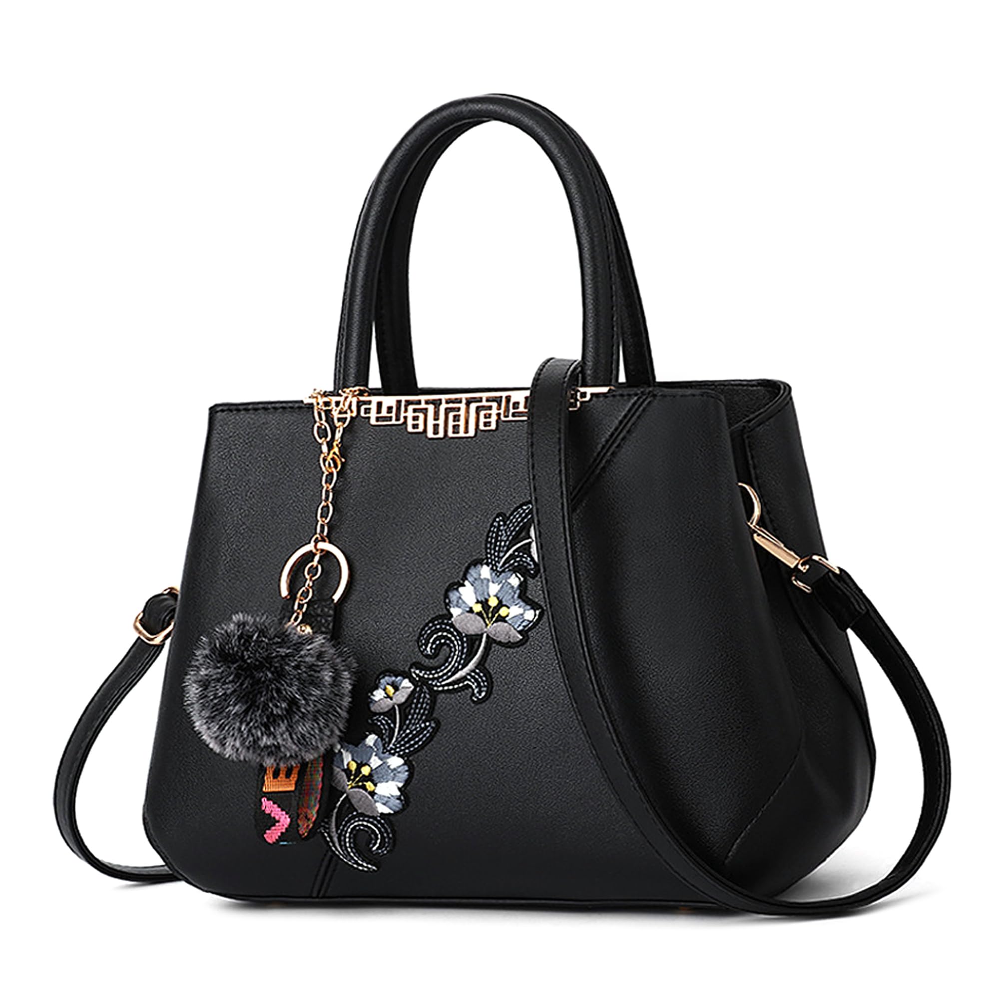 Borsa Donna a Mano, Borsa a Tracolla Elegante in Pelle PU, Borsa a Spalla Donna Grande con Ricamo Floreale e Pompon per Lavoro, Shopping, Viaggio e Uso Quotidiano Nero A