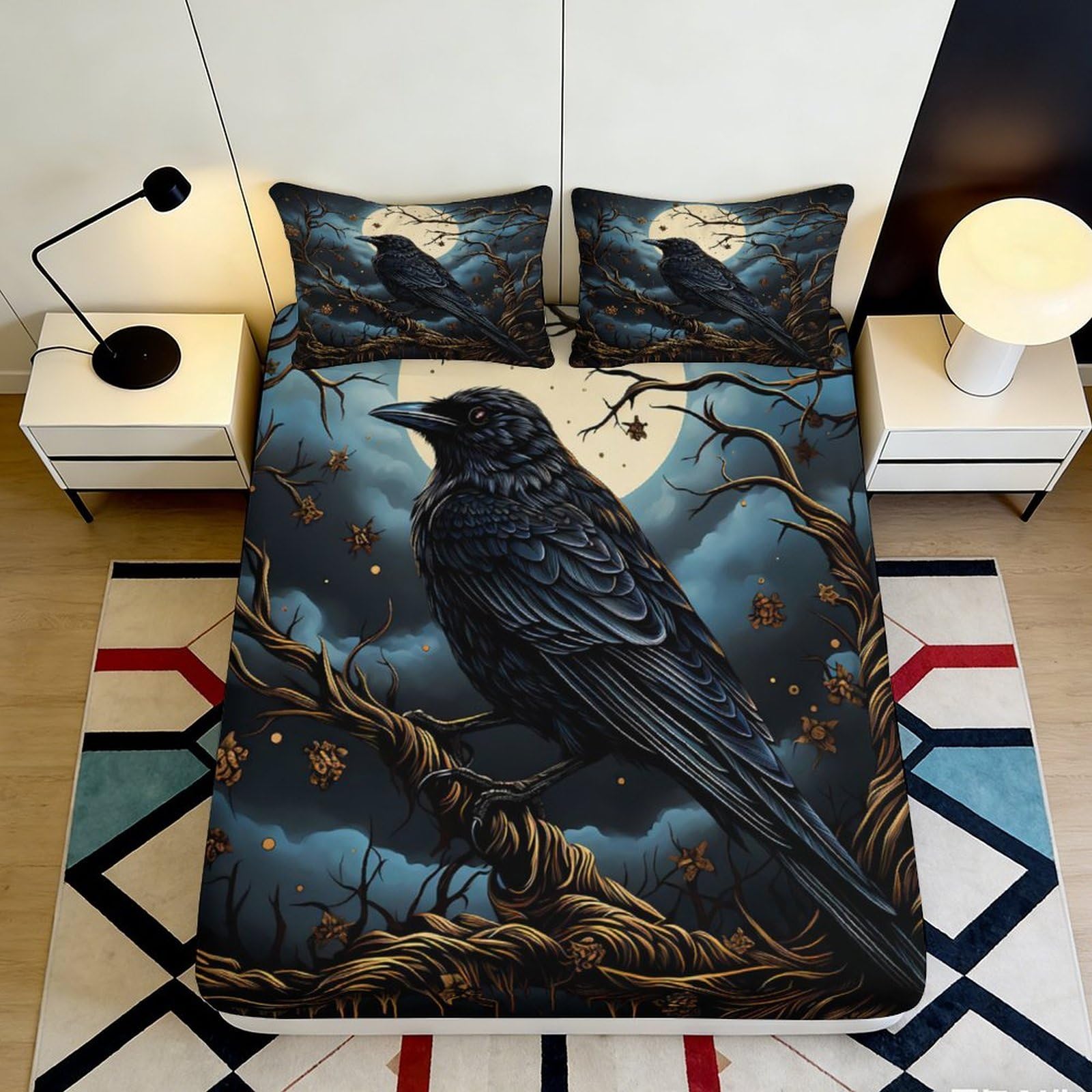 3D Printed Dark Raven Fitted Sheet Microfiber Breathable Gothic Moon Mattress Cover for Bedroom Dorm Decor 90x200x25cm