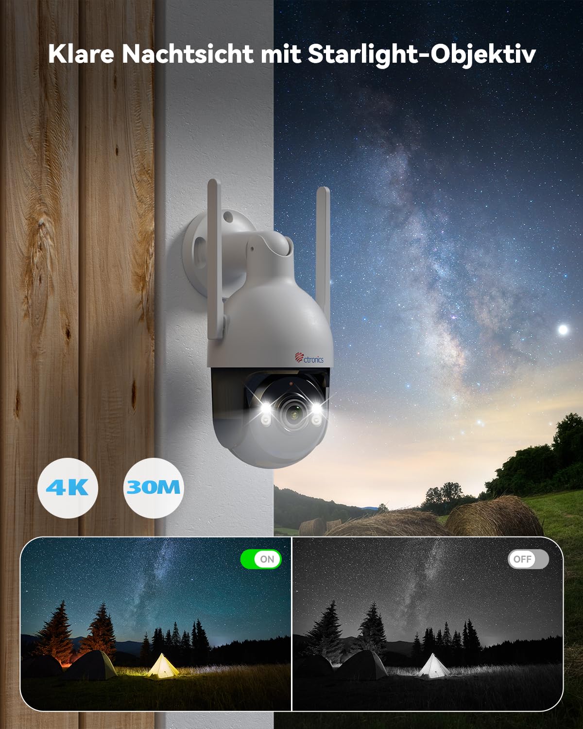 Ctronics 4K 8MP Überwachungskamera Aussen WLAN, PTZ Kamera Outdoor mit Personen/Fahrzeug/Tiererkennung & Auto-Tracking, 2,4/5GHz WLAN, 4K Farbnachtsicht, FTP&NVR, 256GB TF/Cloud/PC, IP66/Metal