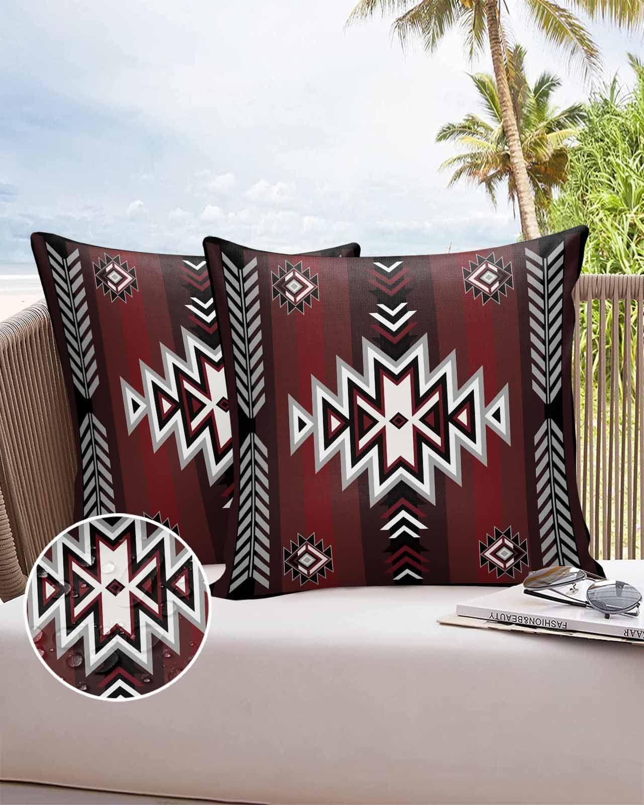 Boanket Outdoor Pillow Covers 16 x 16 Inches, Southwestern Red Black Waterproof Throw Pillow Cover Set of 2, Boho Ethnic Geometric Home Decorative Square Cushion Covers for Patio/Tent/Couch/Garden