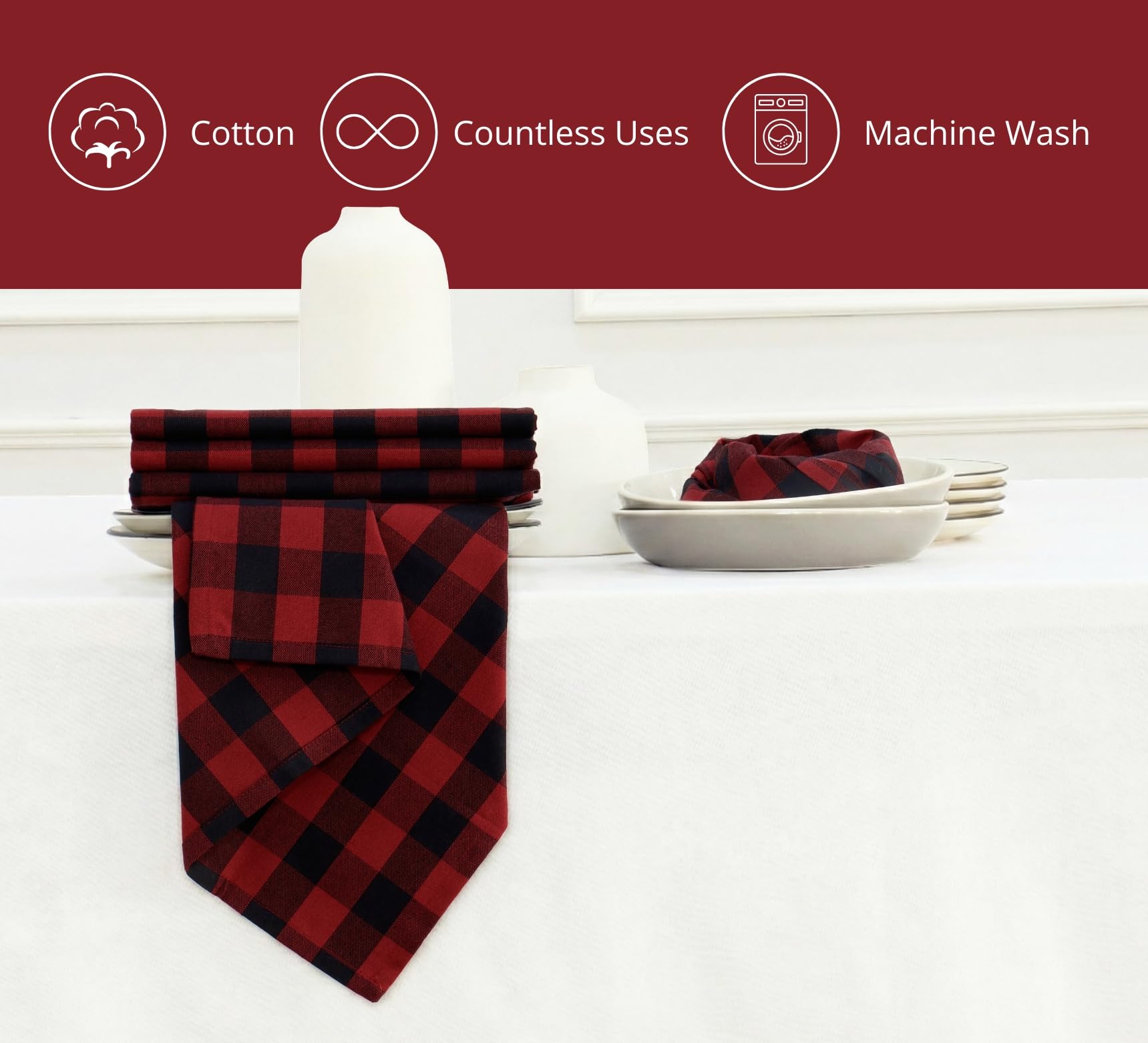 PurpleEssences Buffalo Plaid Cloth Serwetki - Ukośne Narożniki - Świąteczna Serwetka Gingham - Zestaw 12-100% Bawełna - Wielokrotnego Użytku Zmywalne - Czerwony i Czarny