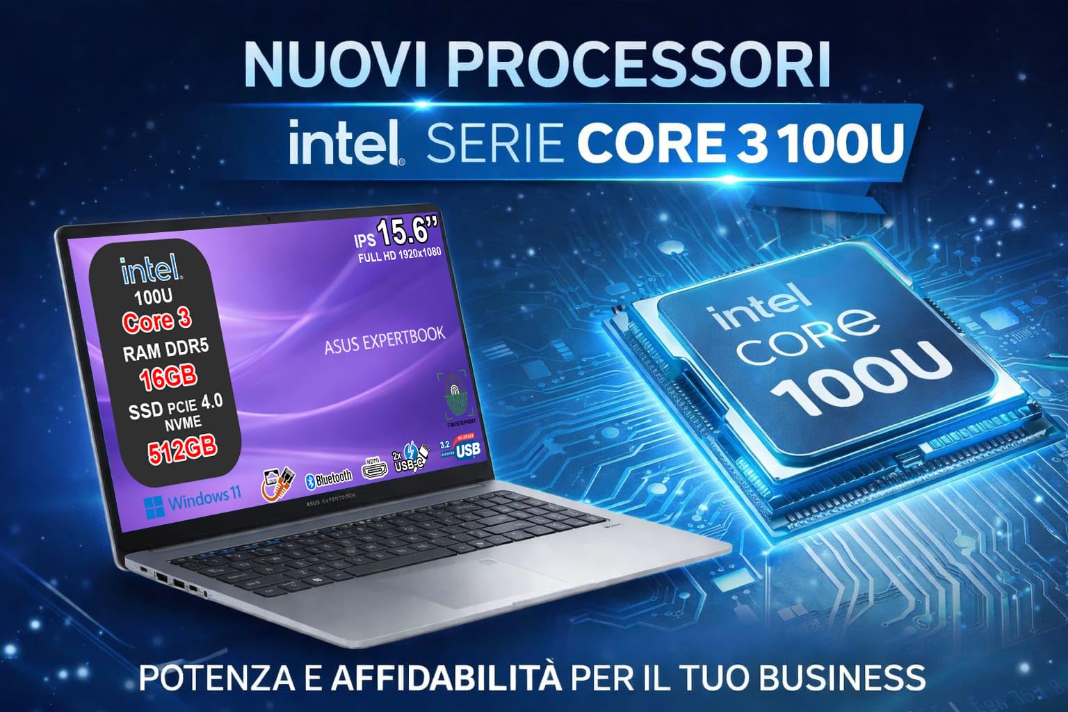 ASUS ExpertBook P1 Notebook, Intel Core 3 100U, 16GB DDR5, SSD 512GB NVMe PCIe 4.0, Display 15,6" FHD Antiriflesso, USB-C Gen2, LAN RJ45, Wi-Fi 6, Bluetooth 5.4, Windows 11, 24 Mesi Garanzia